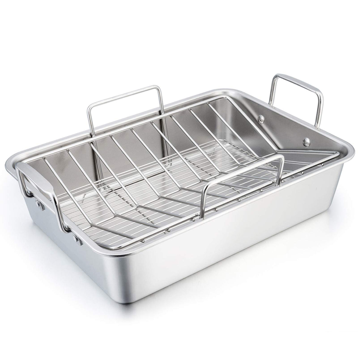 Teamfar Roasting Pan, 15 Inch Large Turkey Roaster Lasagna Pan With V Rack & Cooling Rack Set Stainless Steel For Thanksgiving C