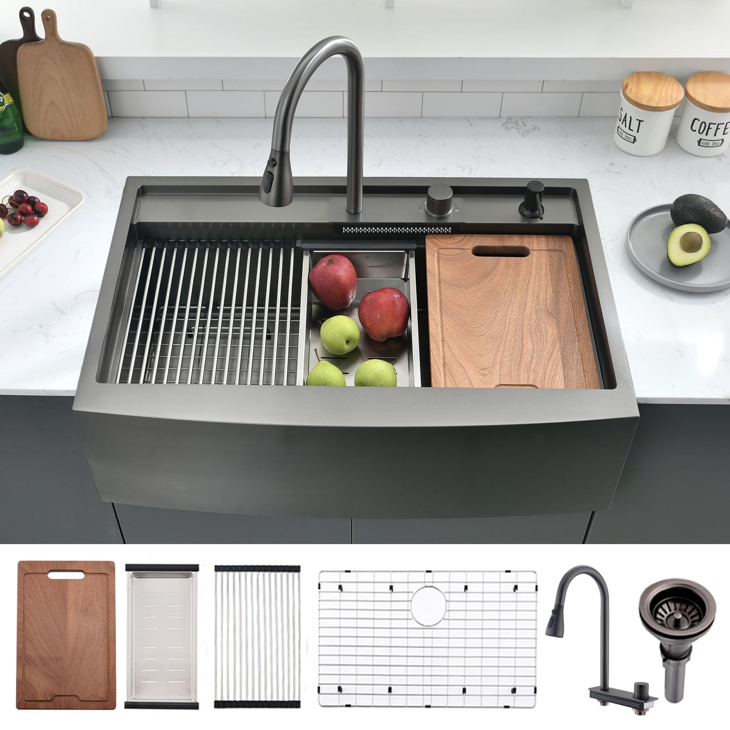 33 Inch Farmhouse Kitchen Sink Splash Guard Waterfall Workstation Black- VOKIM 33x22Inch Apron Front Kitchen Sik Stainless 16 Ga