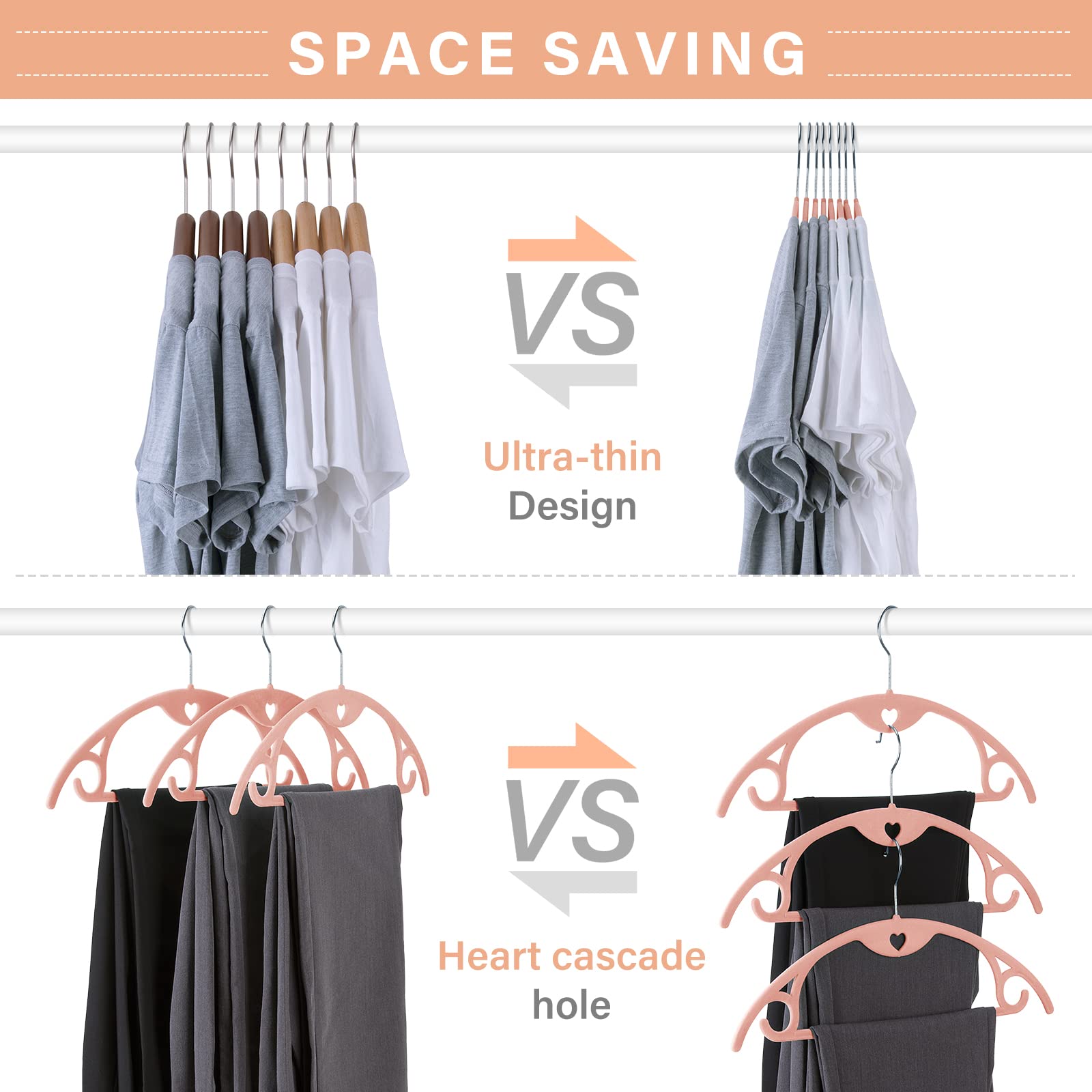 IEOKE Velvet Hangers  50-Pack No Shoulder Bumps Suit Hangers Ultra Thin Space Saving 360 Degree Swivel Heavy Duty Hook Durable Hangers for Sweaters Coat Jackets Shirts Dresses (50 Pack  Pink/Silver)