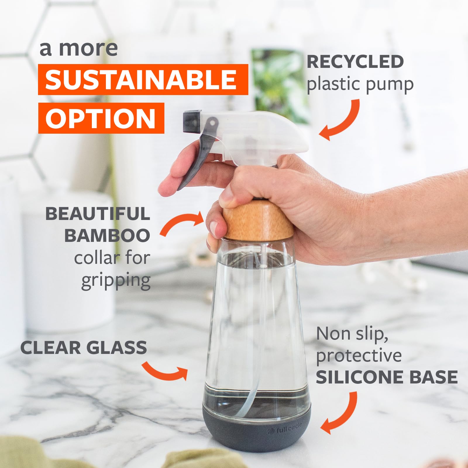Full Circle Bottle Service-Refillable Glass Spray Bottle-Versatile Stream & Mist Options,Bamboo With Protective Silicone Boot-Id