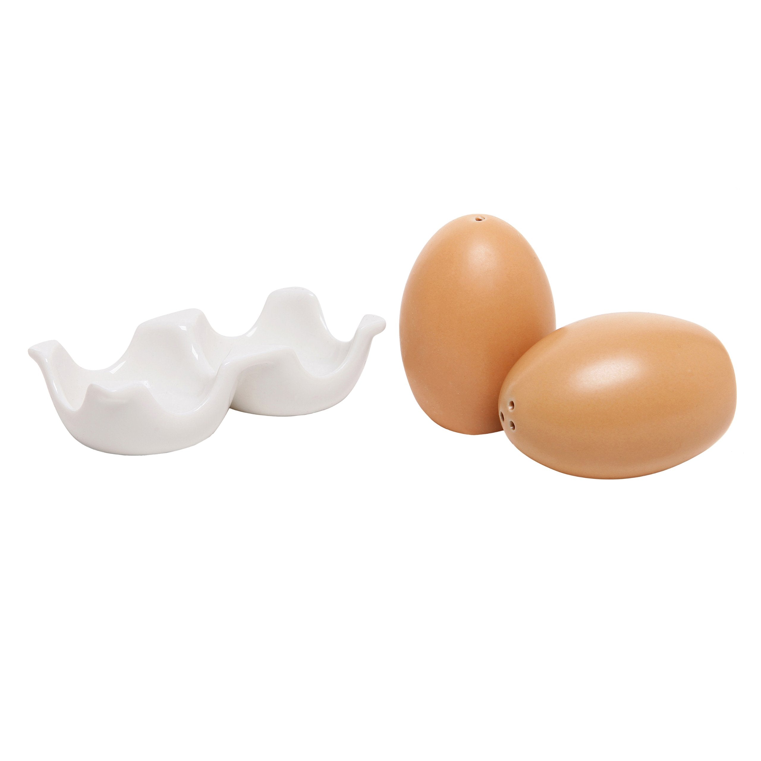 Mygift Ceramic Salt And Pepper Shaker Set, Mini Brown Egg Shaped Shakers With Carton Design Holding Stand, 3 Piece