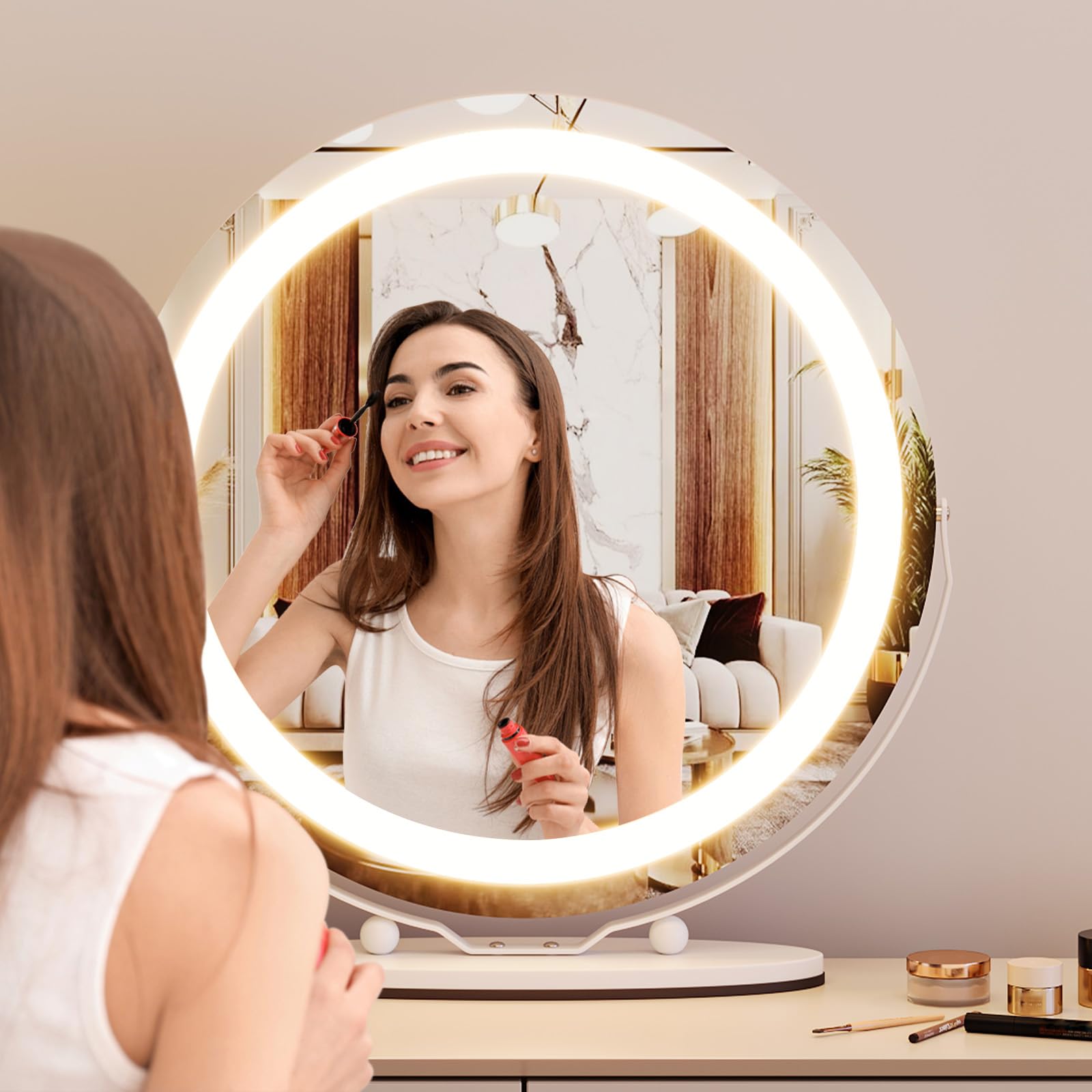 Idealhouse 19 Round Vanity Mirror With Lights, Large Vanity Mirror With 3 Color Lighting Dimmable, Smart Touch Control, 360Rotat