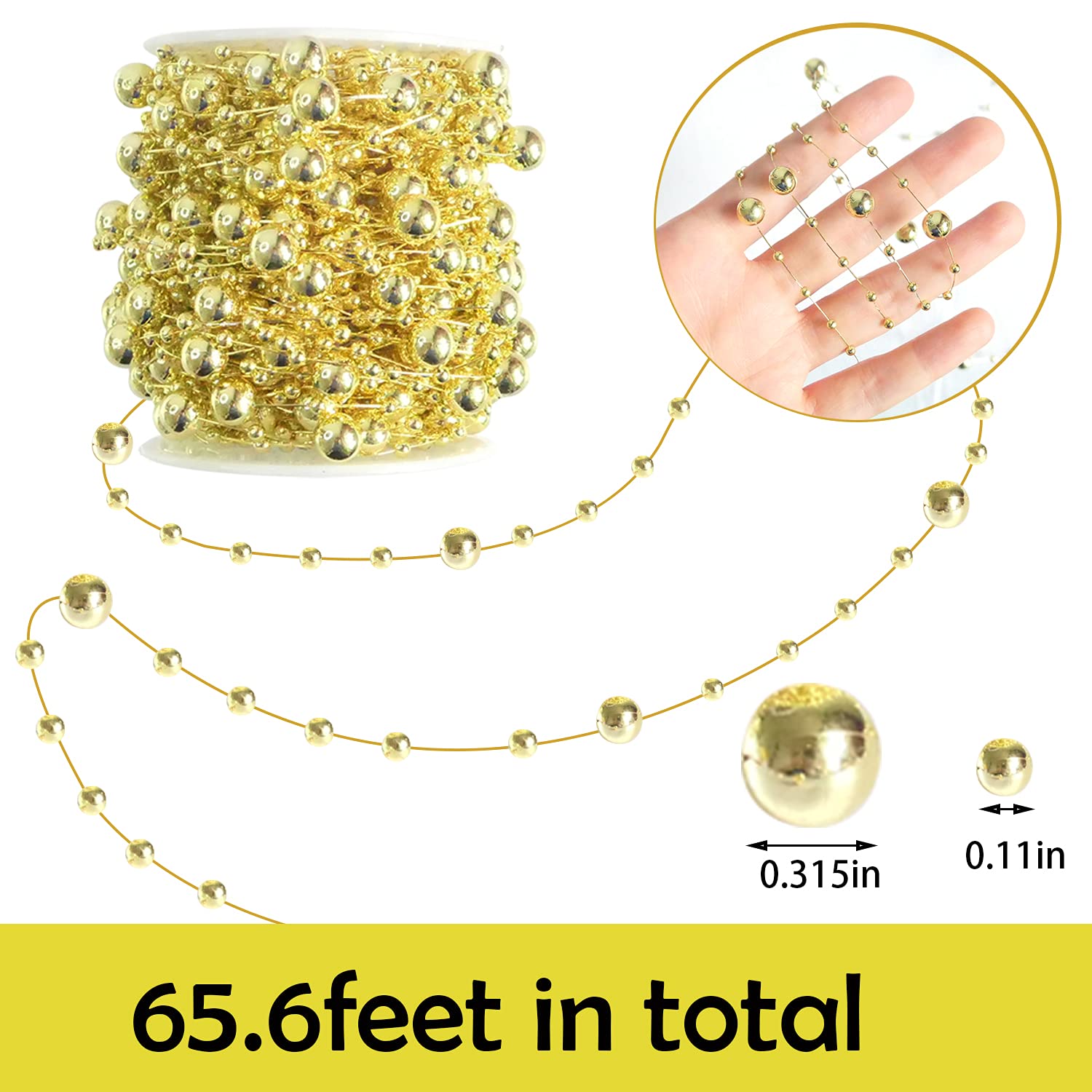 HADDIY Christmas Tree Beads Garland,66 Feet Gold Pearl Strands Chain Sparkle for Christmas Tree Decoration and Crafts