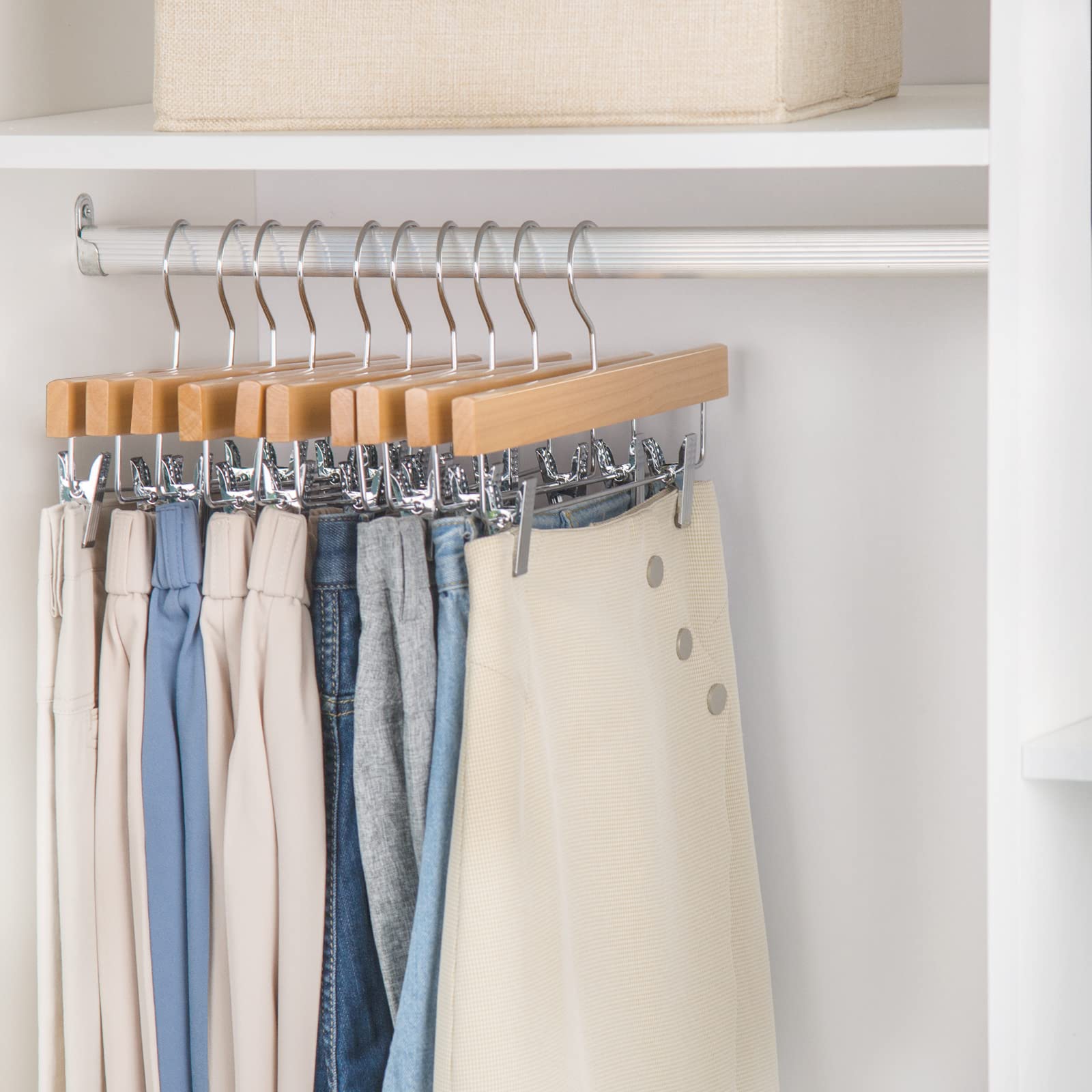 Nature Smile Wooden Pants Hangers Skirt Hanger Solid Lotus Wood Jeans Bottom Hanger with Clips Natural Color(20 Pack)