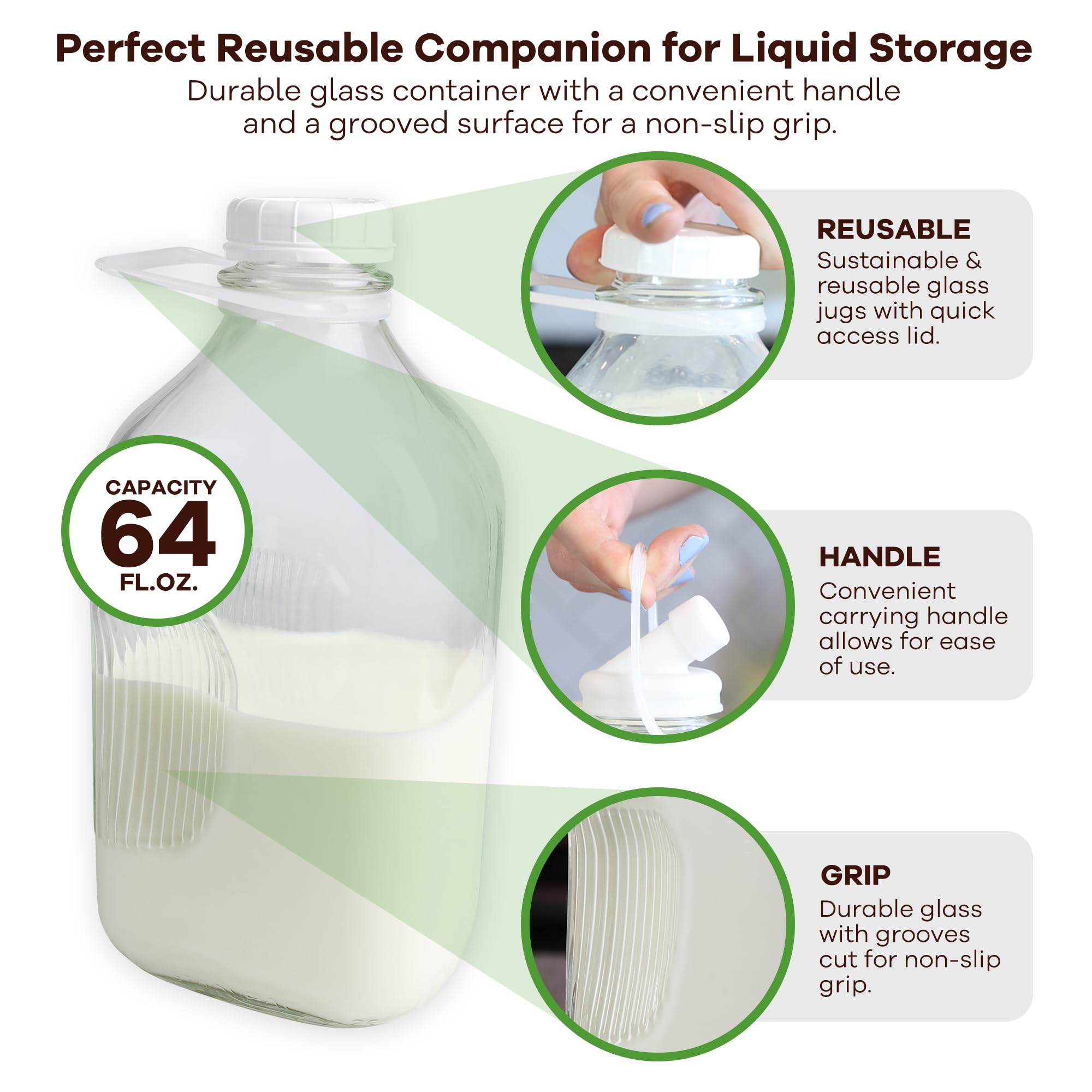 The Dairy Shoppe Heavy Glass Milk Bottle - Jug With Lid And Silicone Pour Spout - Clear Milk Container For Fridge - Reusable Gla
