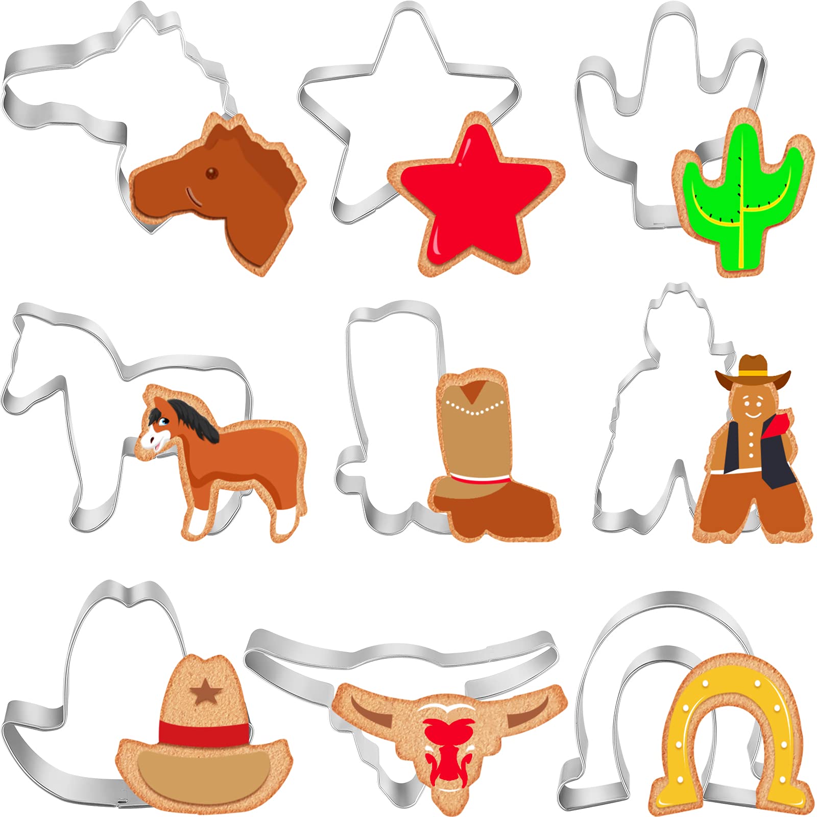 9 Pieces Cowboy Cookie Cutter Set Western Cookie Cutters, Includes Cow, Star, Horse, Cowboy, Boot, Hat, Cactus, Horseshoe, Horse