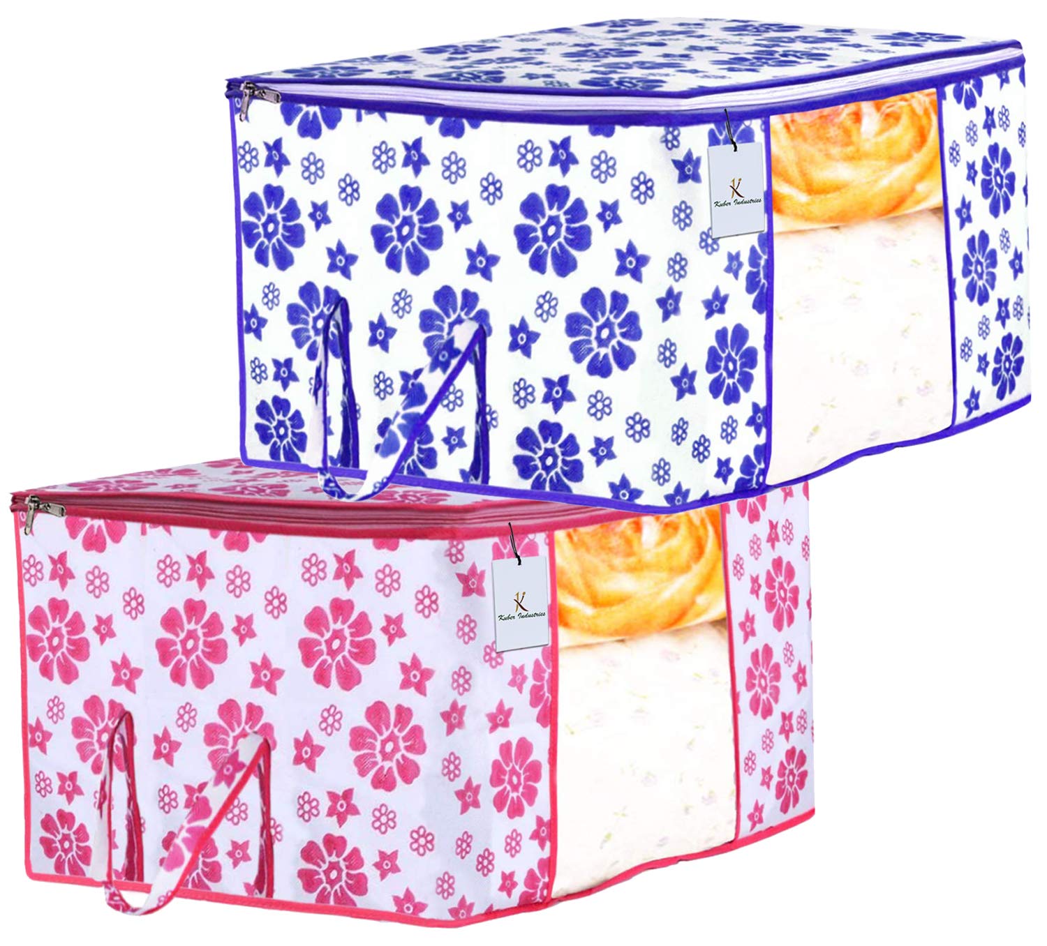Kuber Industries Flower Design 2 Piece Non Woven Fabric Underbed Storage Bag,Cloth Organiser,Blanket Cover With Transparent Wind