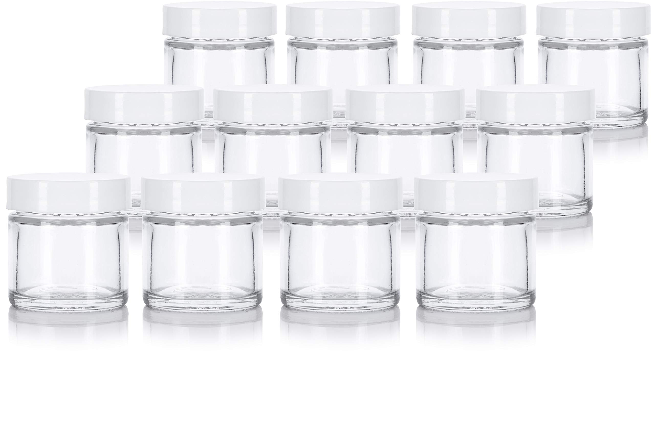 1 oz / 30 ml Clear Glass Straight Sided Jar with White Smooth Lined Lids (12 pack)