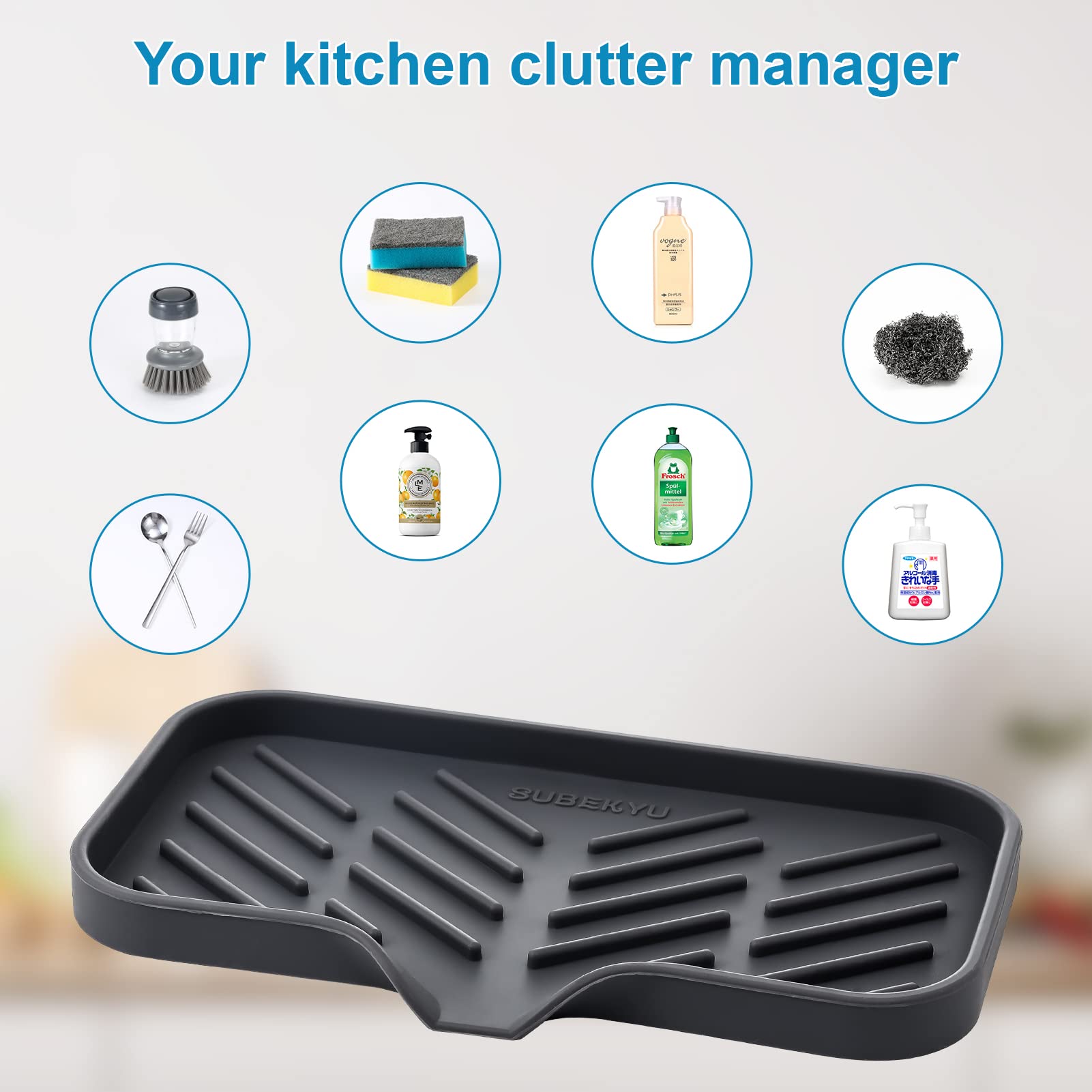 Subekyu Silicone Kitchen Soap Tray, Sink Tray For Kitchen Counter/Soap Bottles, Sponge Holder And Organizer With Drain Spout, Da
