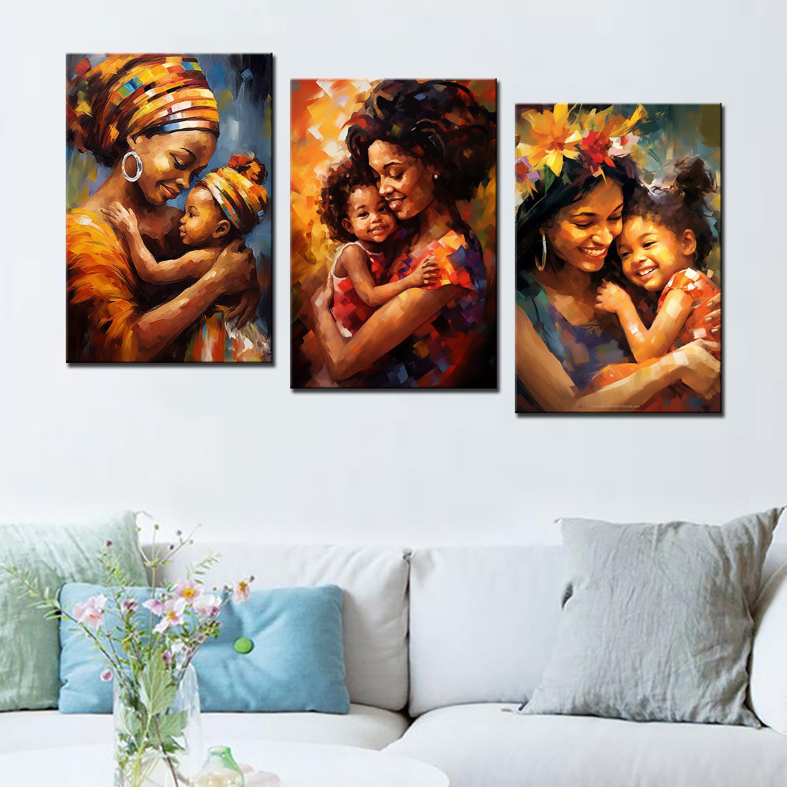 Tucocoo Art Work For Home Walls Black Women Pictures Happy African Mother Paintings 3 Panel Canvas Smiling Baby Girl Art Modern