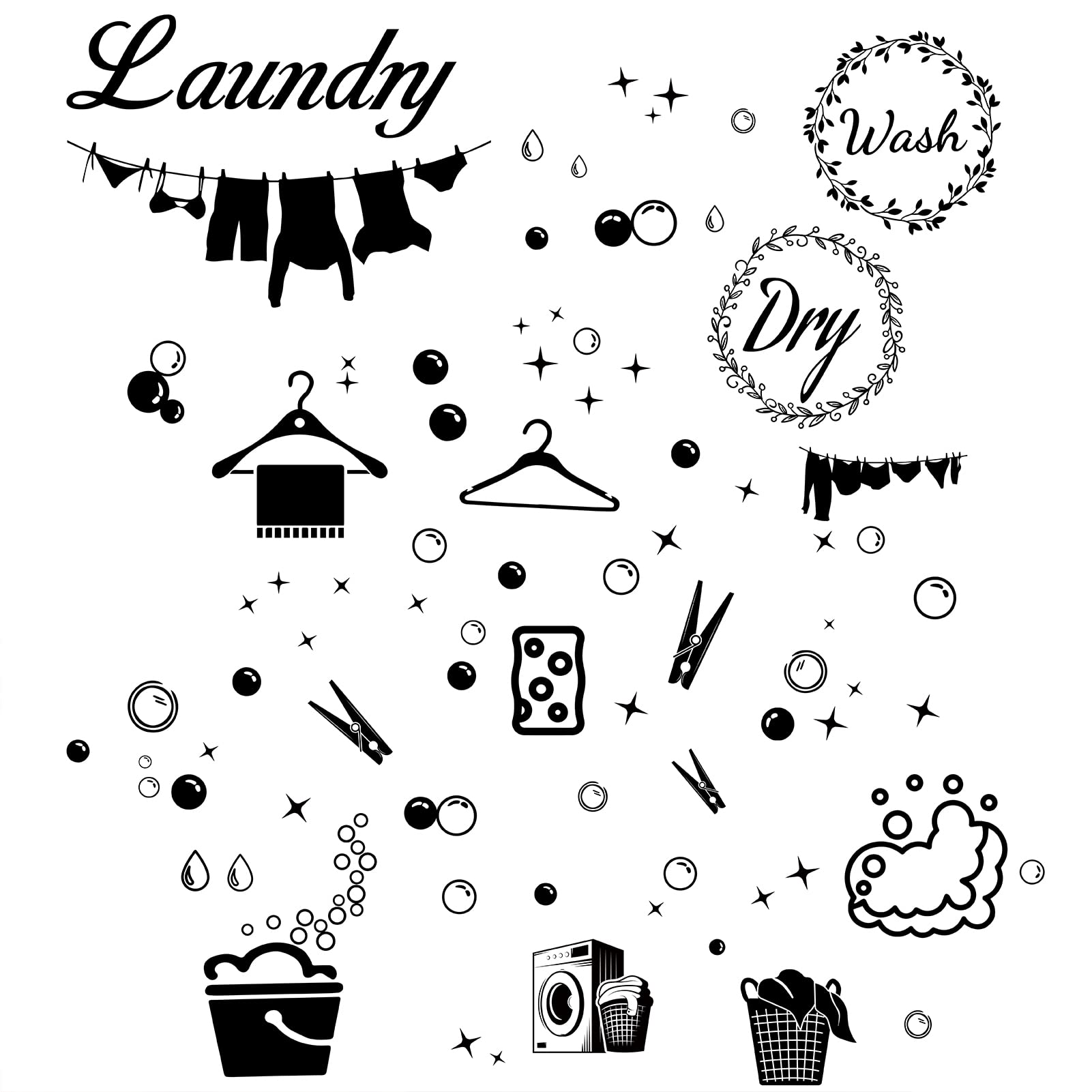 Creatcabin 4Pcs Laundry Room Vinyl Wall Decals Wash Dry Quote Washing Machine Dryer Wall Stickers Self-Adhesive Peel And Stick M