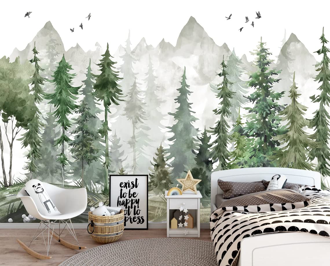 MFWFM Green Forest Wall Mural Watercolor Woodland Wallpaper for Nursery Room (Not Peel n Stick)