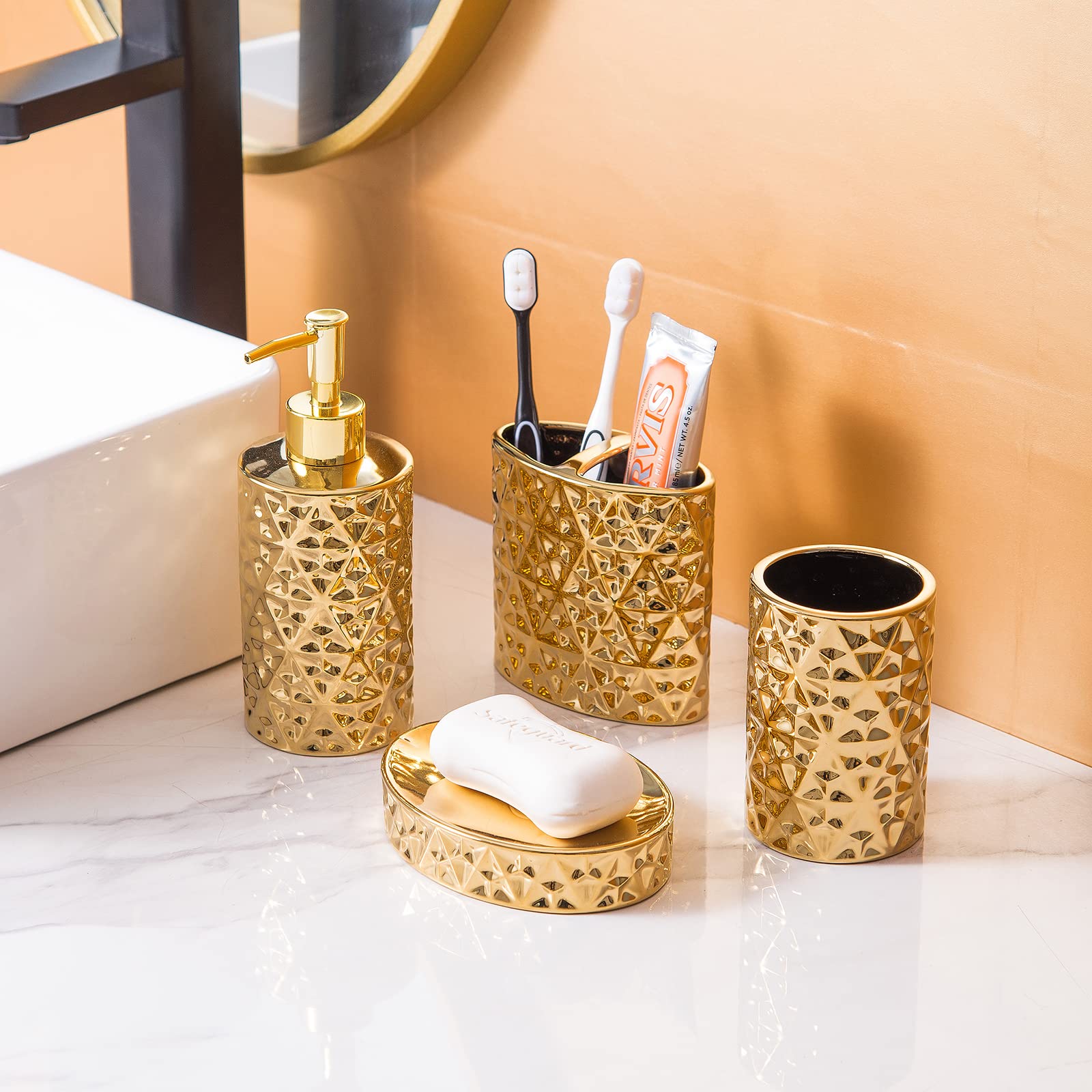 Rxlvcky Gold Bathroom Accessory Sets 4 Piece Ceramic Gift Set Apartment Necessities,Includes Soap Dispenser, Toothbrush Holder,