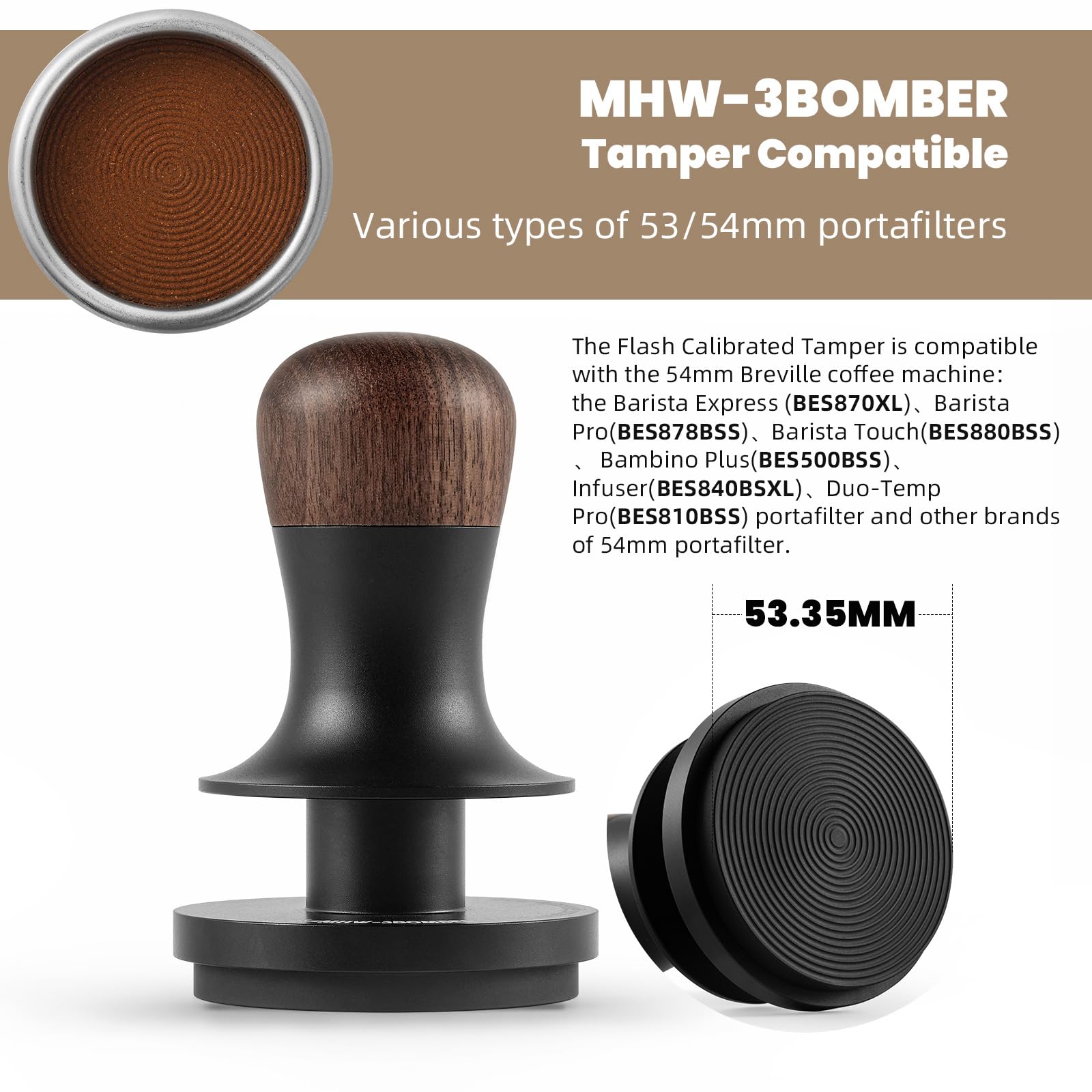 Mhw-3Bomber 53.35Mm Espresso Coffee Tamper With Three Spring Loaded Calibrated Espresso Tamper 30Lbs 54Mm Espresso Hand Tamper W