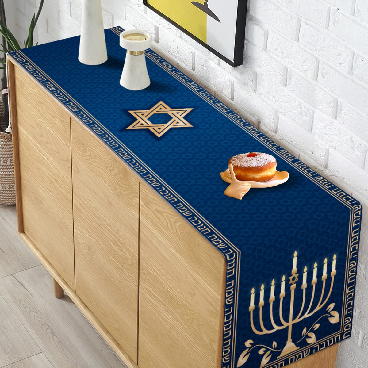 Hanukkah Table Runner Chanukah Menorah Star Of David Jewish Festival Holiday Party Kitchen Dining Home Decoration (13'' X 72'')
