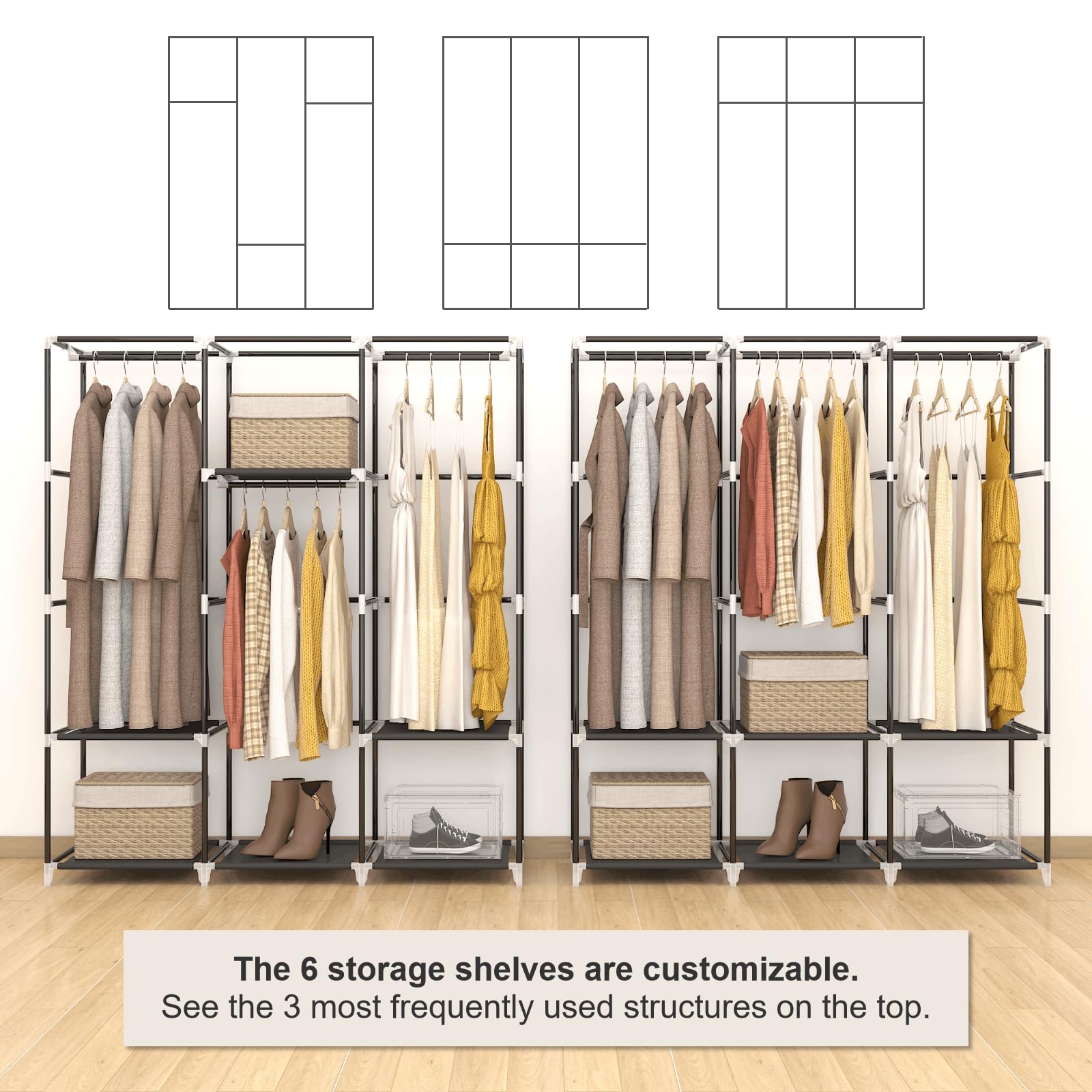 Mogelafoo 51 Inch Portable Closet Wardrobe For Hanging Clothes, Wardrobe Closet With Cover, 3 Hanging Rods, 4 Side Pockets, 6 St