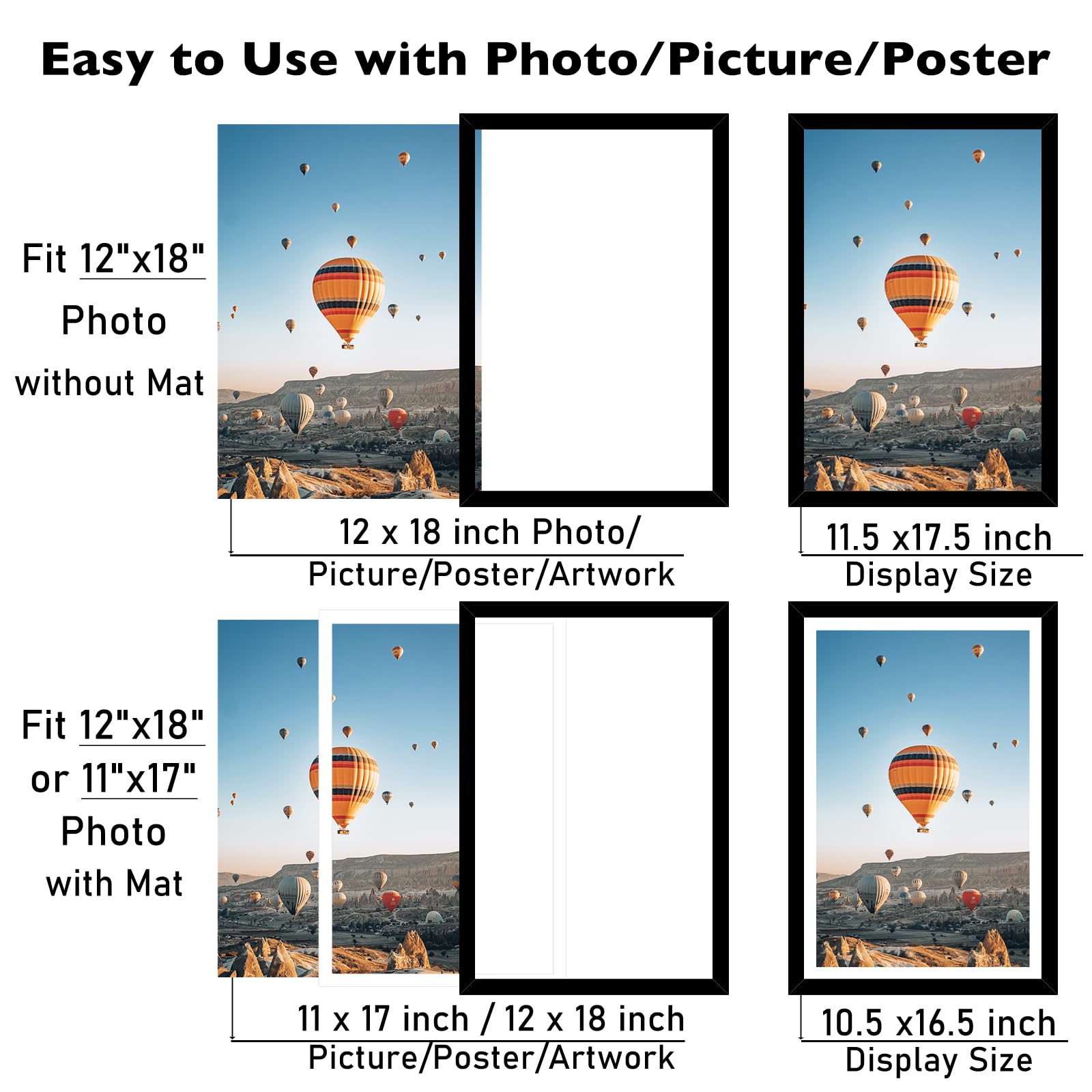 JCJMY 12x18 Picture Frame with 11x17 Mat, Display Photo 11x17 with Mat or 12 x 18 Without Mat, Wall Hanging Large 12 by 18 Poste