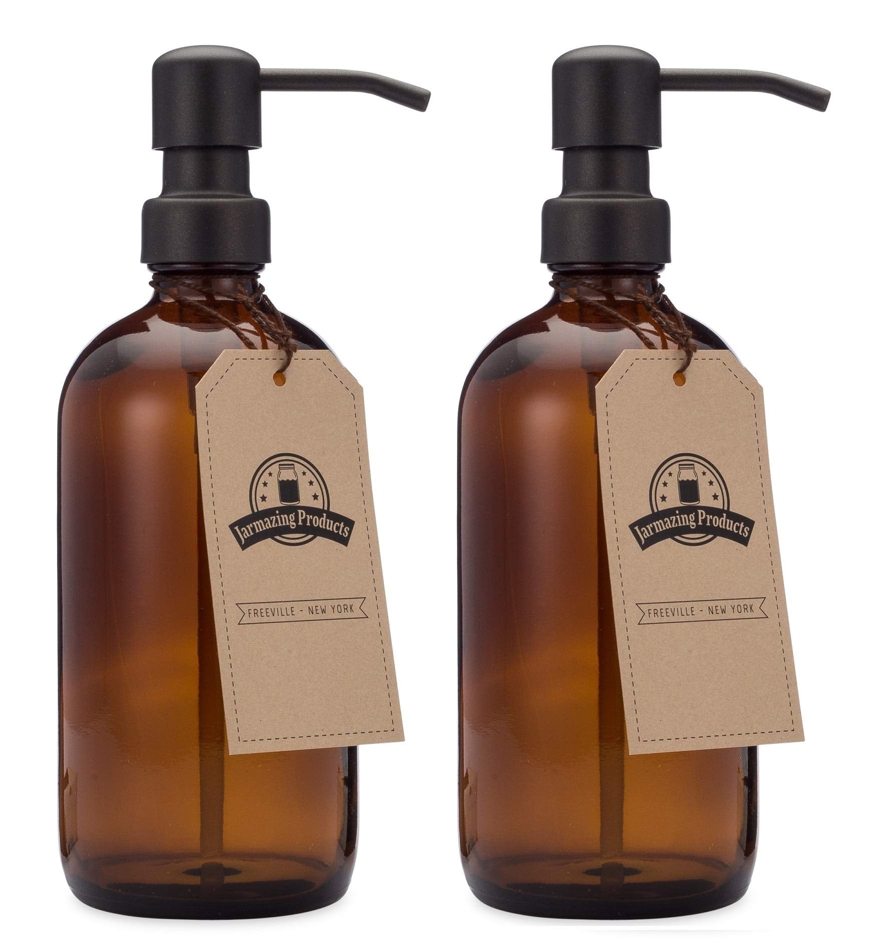 Jarmazing Products Amber Glass Jar Soap And Lotion Dispenser - 2 Pack - With Matte Black Pump - 16 Oz