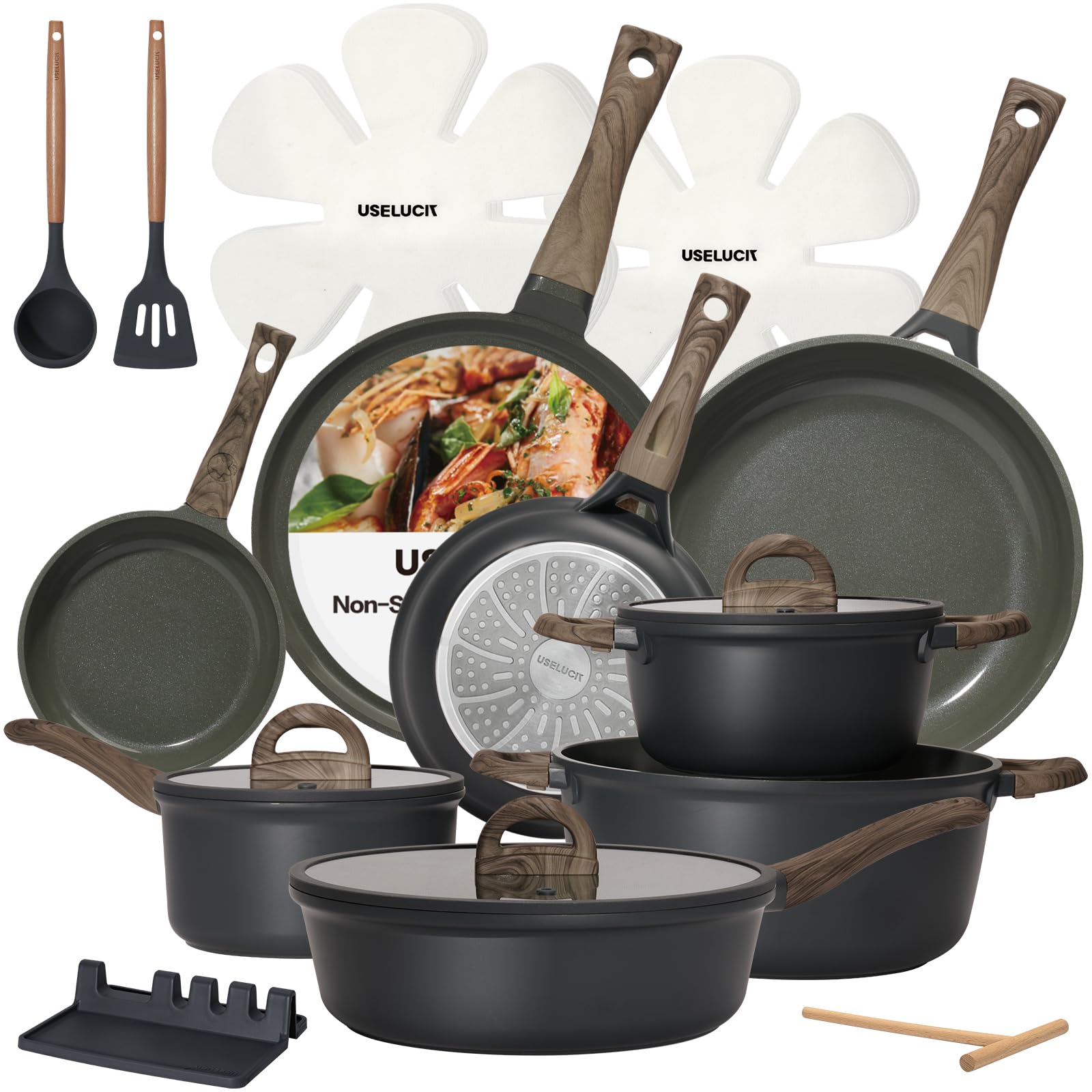USELUCK 22Piece Ceramic Cookware Set, Nonstick Pots and Pans Set