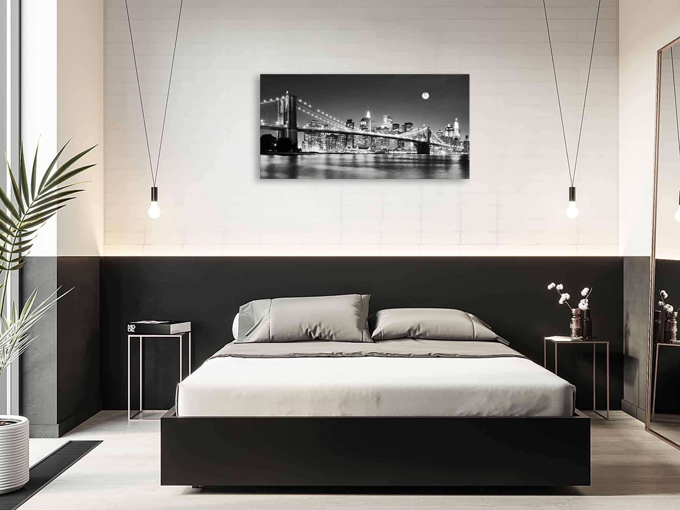 Baisuart-Q30350 Brooklyn Bridge Night View 1 Panels Landscape Artwork Canvas Prints Moon Night New York City Scene Picture Paintings Black and white Wall Art for Oiffce Home Decorations Wall Decor