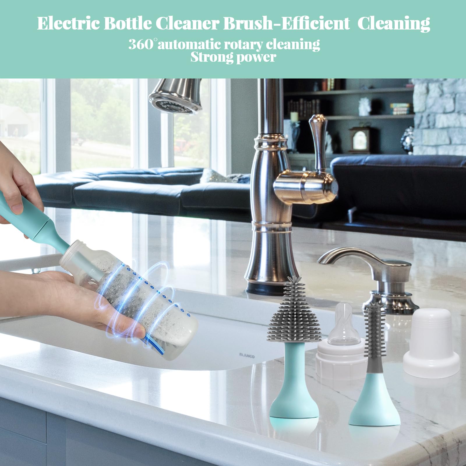 Augensterm Electric Cleaning Brush with USB Rechargeable Electric Bottle Brush Cleaner and 3 Replaceable Silicone Bottle Brushes