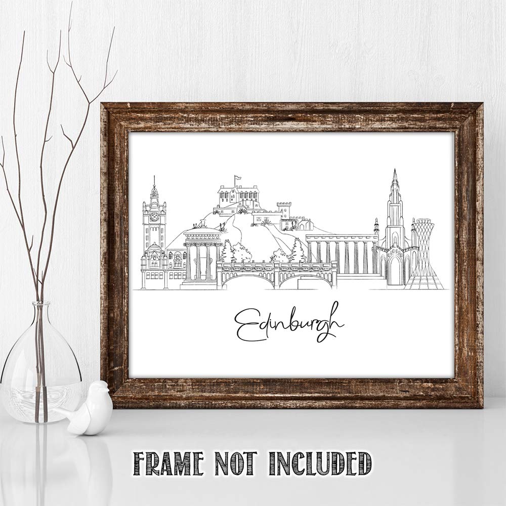 Edinburgh, Scotland Capital City Skyline - Uk Travel Adventures & Vacation Cityscape Wall Art Decor - Unframed 11 X 14 Black & W