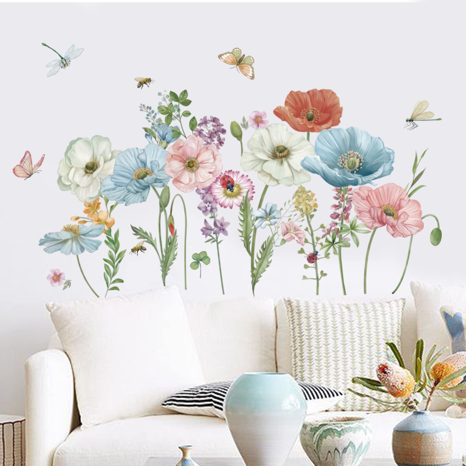 Wondever Watercolor Poppy Floral Wall Stickers Garden Flower Peel And Stick Wall Art Decals For Bedroom Living Room Tv Wall