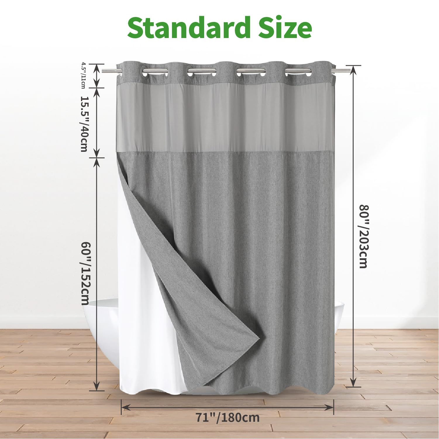 Eachope Long No Hooks Needed Linen Textured Shower Curtain With Snap-In Fabric Liner Set,Grey Hotel Luxury Decor Shower Curtains