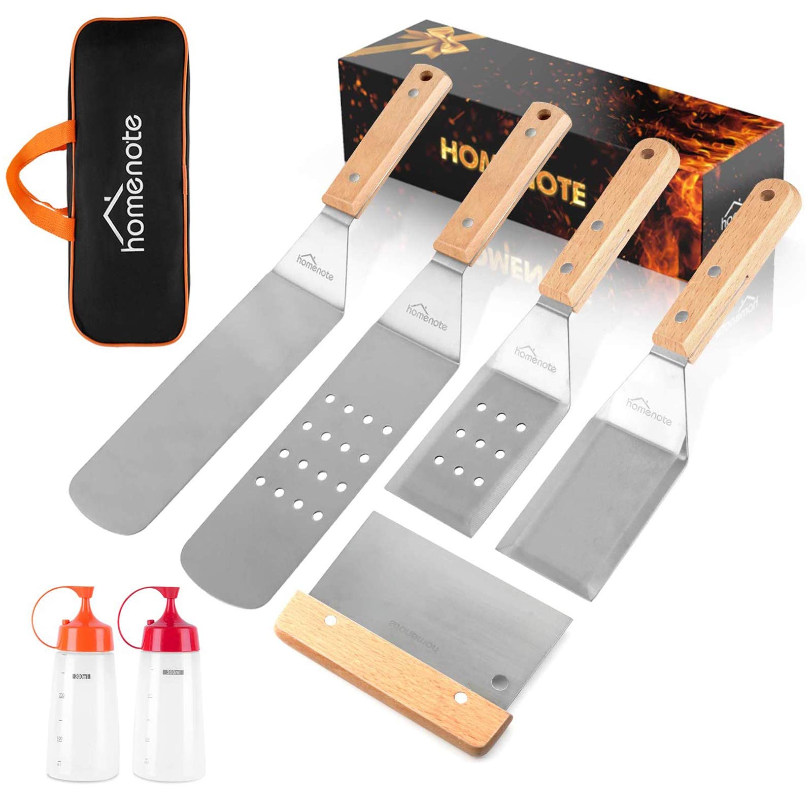 Homenote Griddle Accessories Kit, 7Pc Professional Bbq Kit In Gift Box - Heavy Duty Wooden Handle Stainless Steel Griddle Tool S