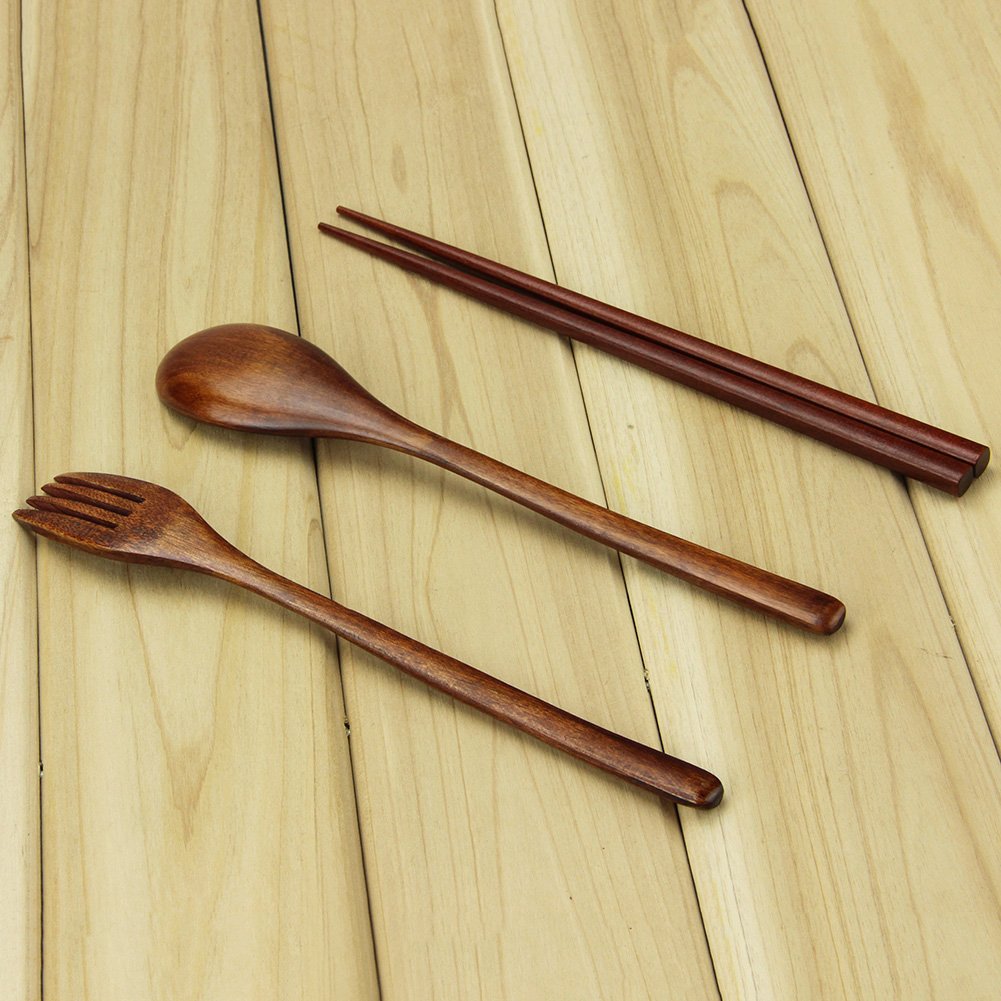 Wooden Spoon And Fork Set, Flatware Set, Aoosy Nanmu Wood Fork Spoon Chopsticks Travel Flatware Set Tableware With Bag, Brown Co
