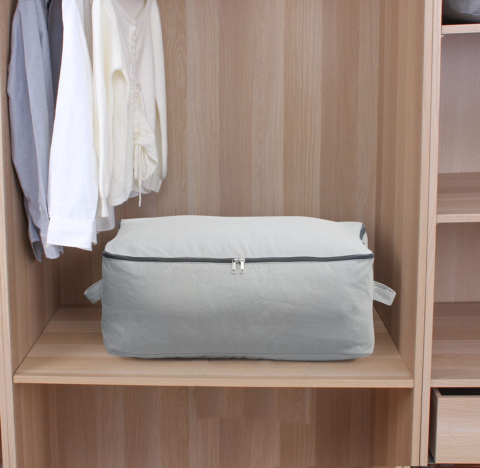 2PCS Durable Cotton Canvas, Soft Space Save Storage Bag Wardrobe Organizer with Handle & Zipper for Beddings, Comforters, Pillow