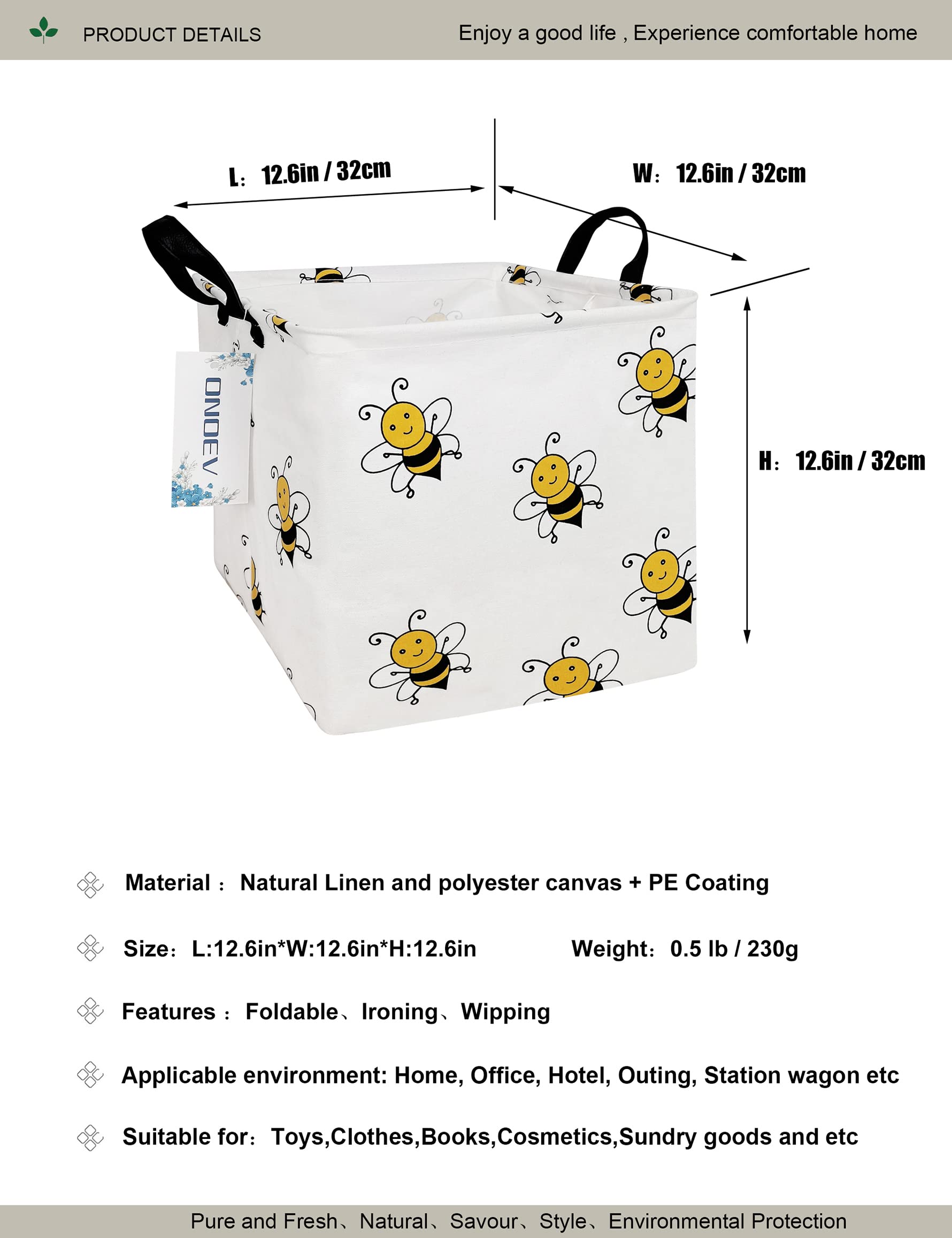 ONOEV Square Folding Laundry Basket  Canvas Basket Nersury Hamper Suitable for Children Office Bedroom Clothes Toys Storage(Bee)