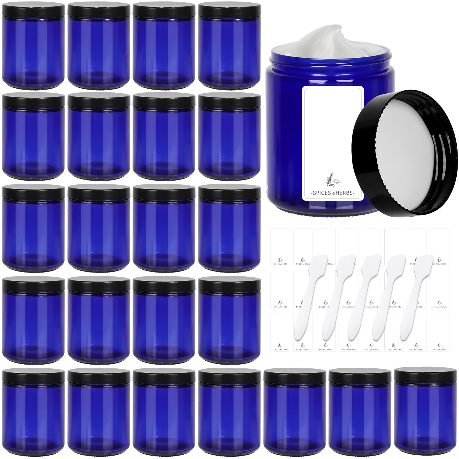 8 Oz Blue Glass Jars With Black Plastic Lids, 24 Pack 240Ml Round Empty Candle Jars Cosmetic Jars Food Storage Containers, Canni
