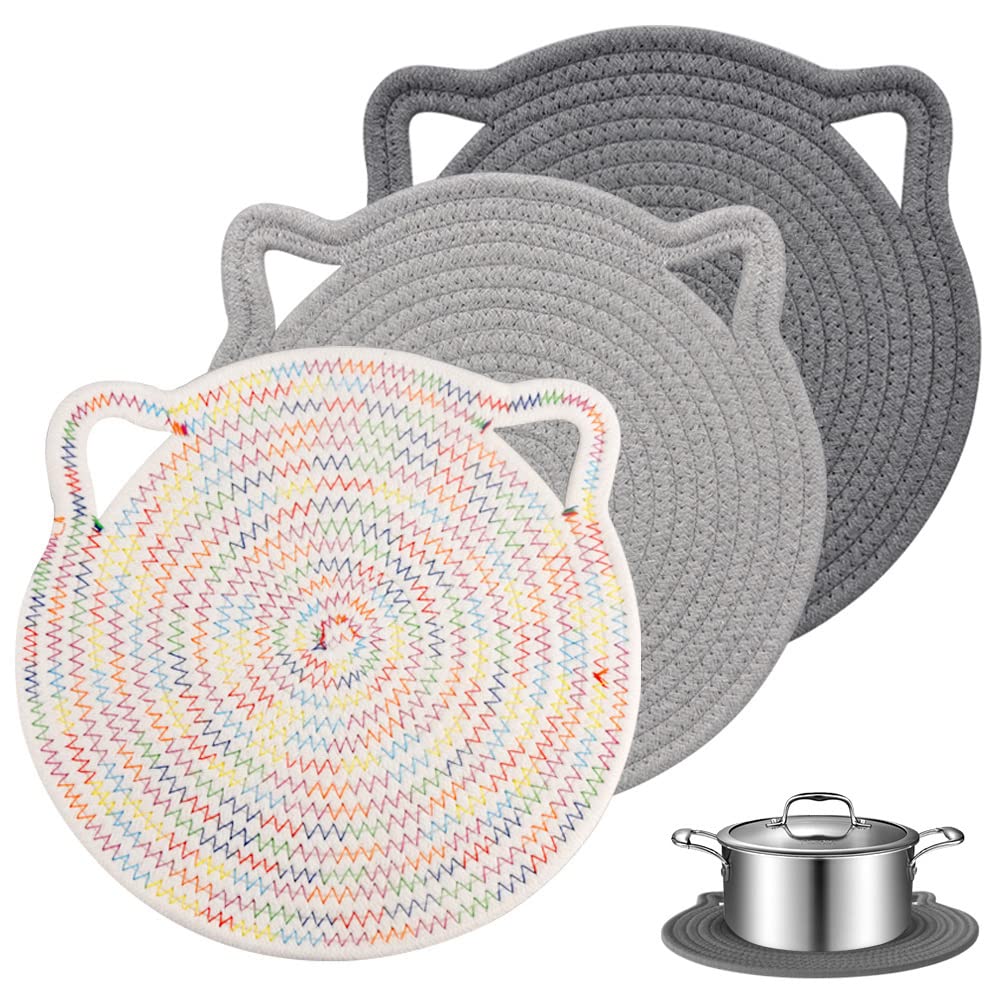 Yonovo 12'' Cotton Trivets Set, 3Pcs Cute Cat Ear Large Pot Holders Woven Hot Pads Mats Thick Heat Resistant For Hot Pots And Pa
