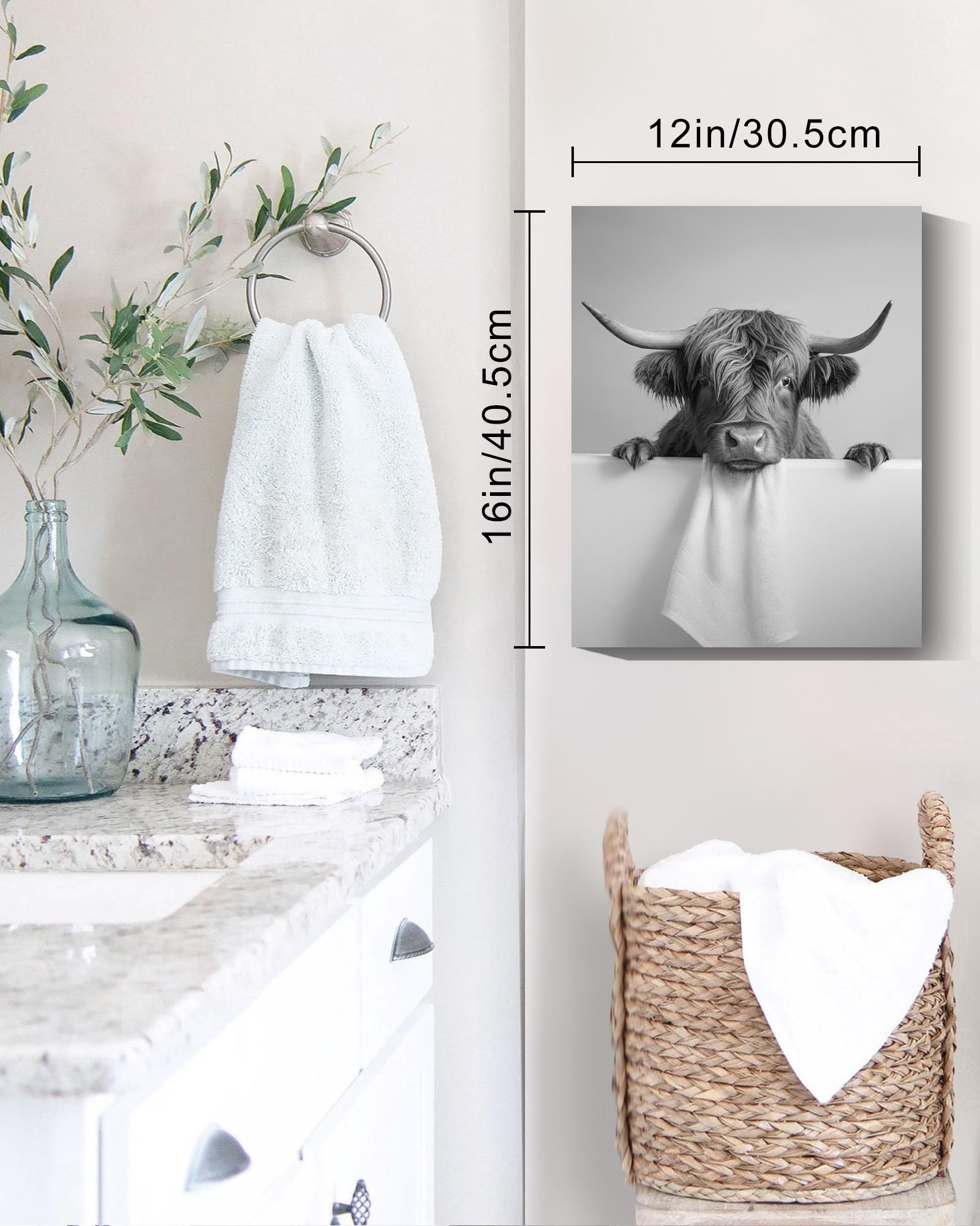Funny Highland Cow Bathroom Wall Art Framed Black And White Rustic Cute Bathroom Canvas Prints For Bathroom Restroom Decor 12X16