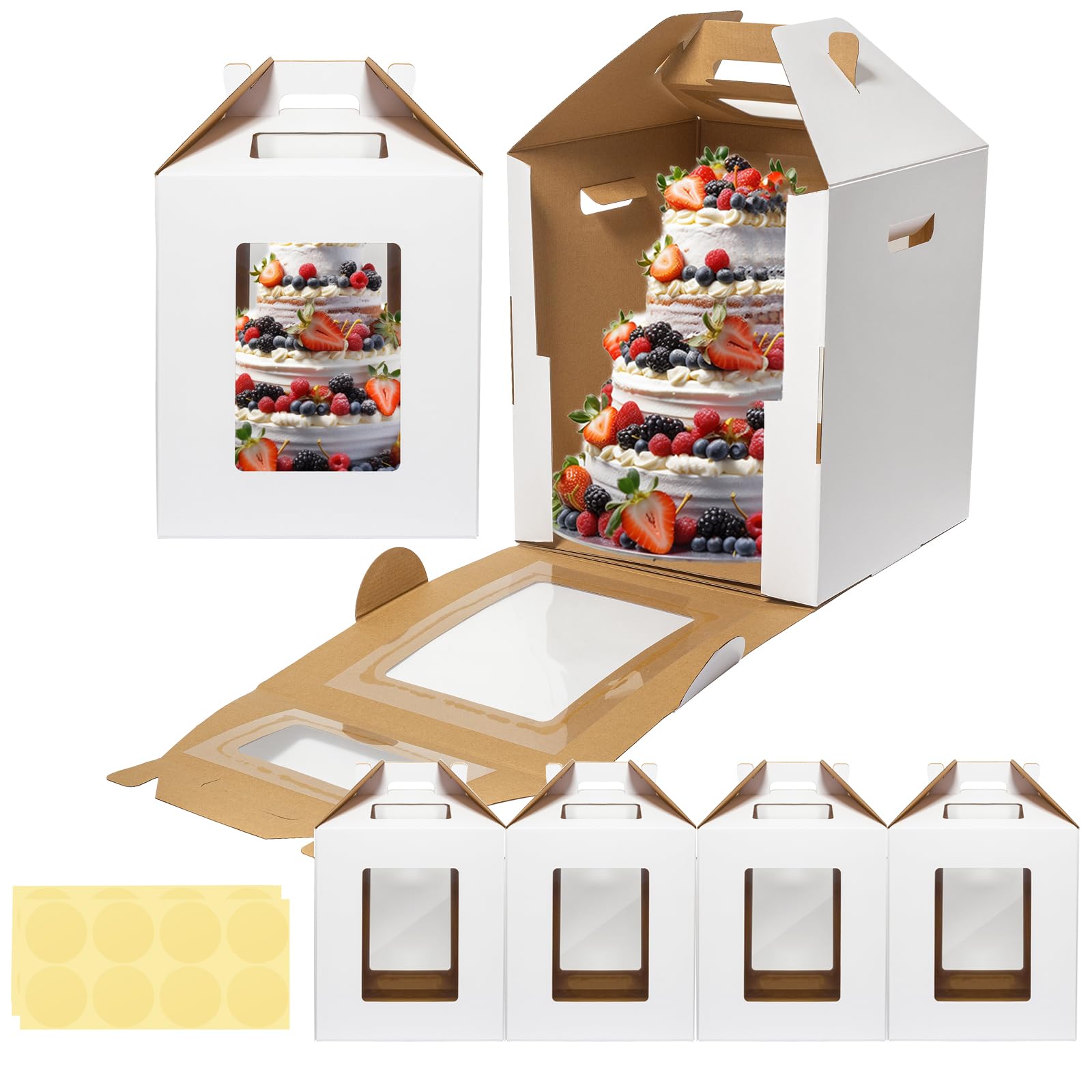Mcfleet Tall Cake Boxes 4 Pack 12x12x14 for Tier Cakes with Window - 12 Inch Disposable Large Layer Bakery Carrier with Handle -
