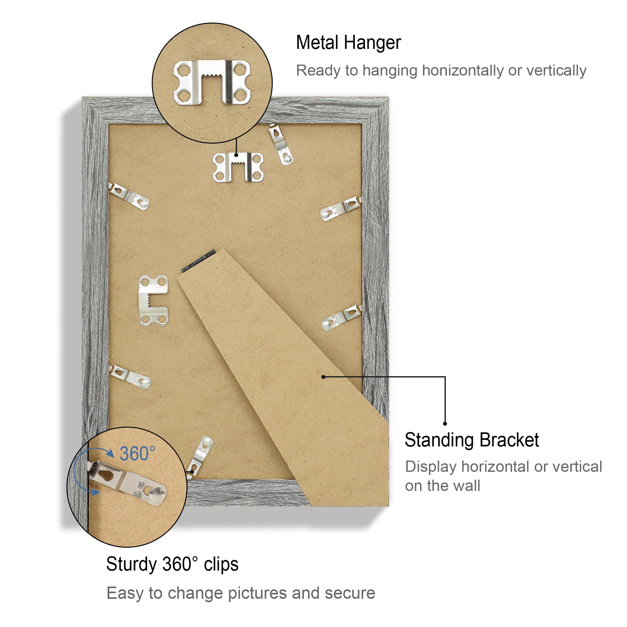 Hongkee 7x10 Picture Frame Set of 4, Made of Real Glass and Grey Frame - Display Picture 5.5x8.5 with Mat or 7x10 Without Mat, 7