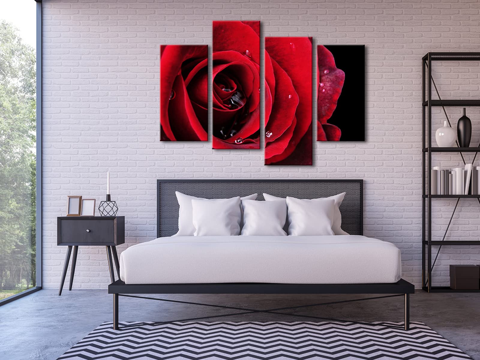 Wieco Art Red Rose On Black Large Modern Stretched And Framed Flowers Giclee Canvas Prints 4 Panels Floral Pictures Paintings On