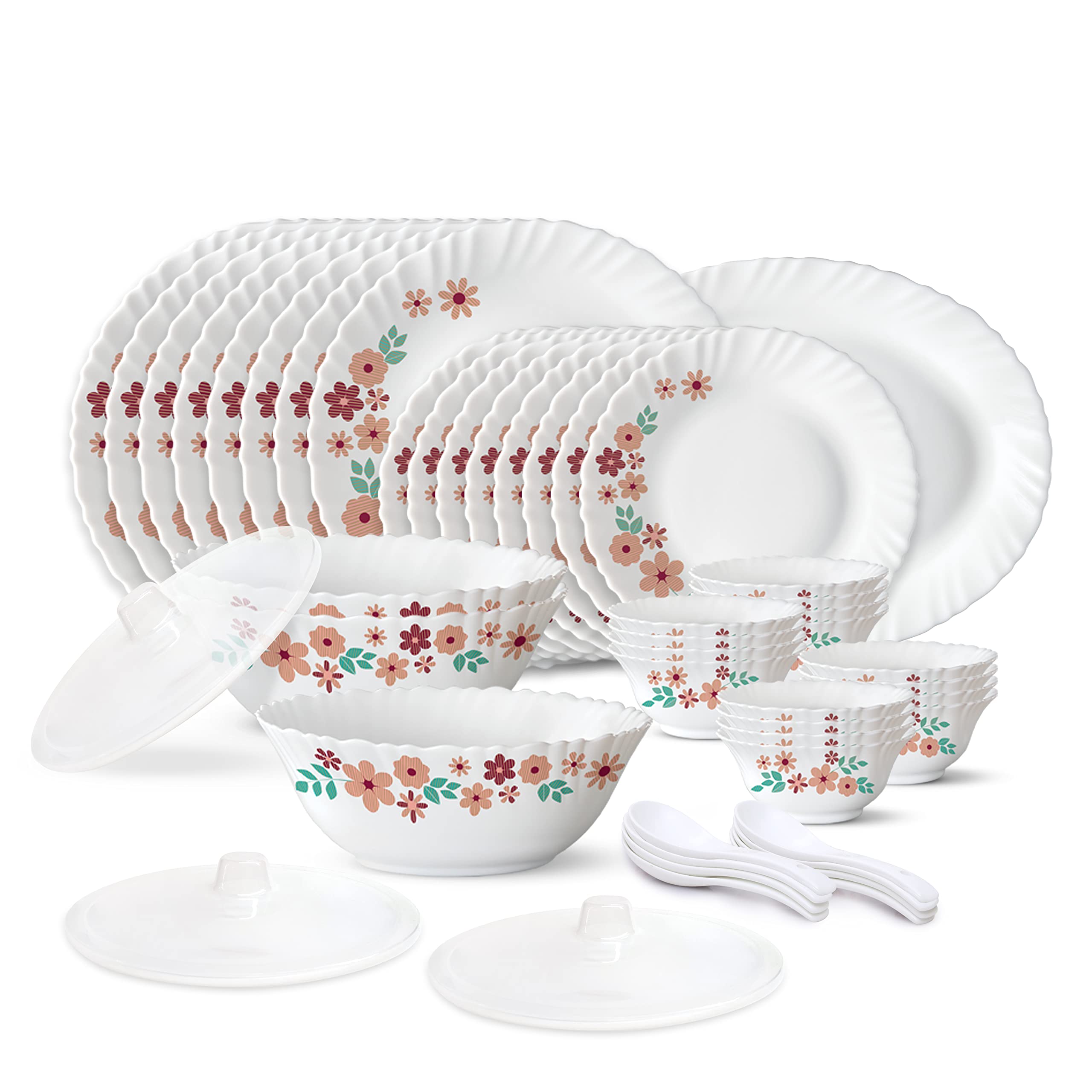 Larah By Borosil Ayana Silk Series Opalware Dinner Set | 47 Pieces For Family Of 8 | Microwave & Dishwasher Safe | BoneAsh Free