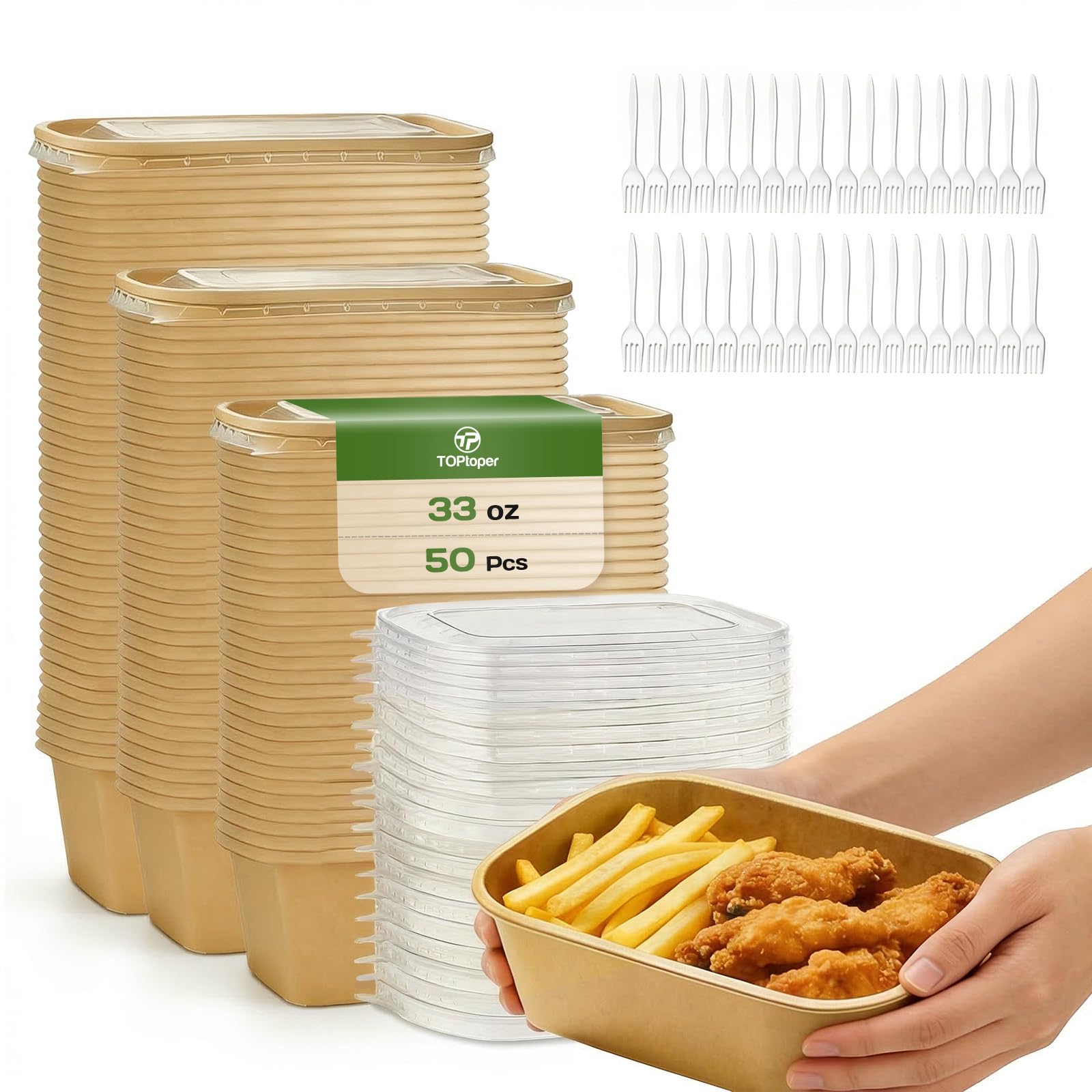 TOPtoper 50 Pack 33 OZ Disposable Meal Prep Containers with Lids and Forks, Large Kraft Paper Bowls for Party, Disposable Food C