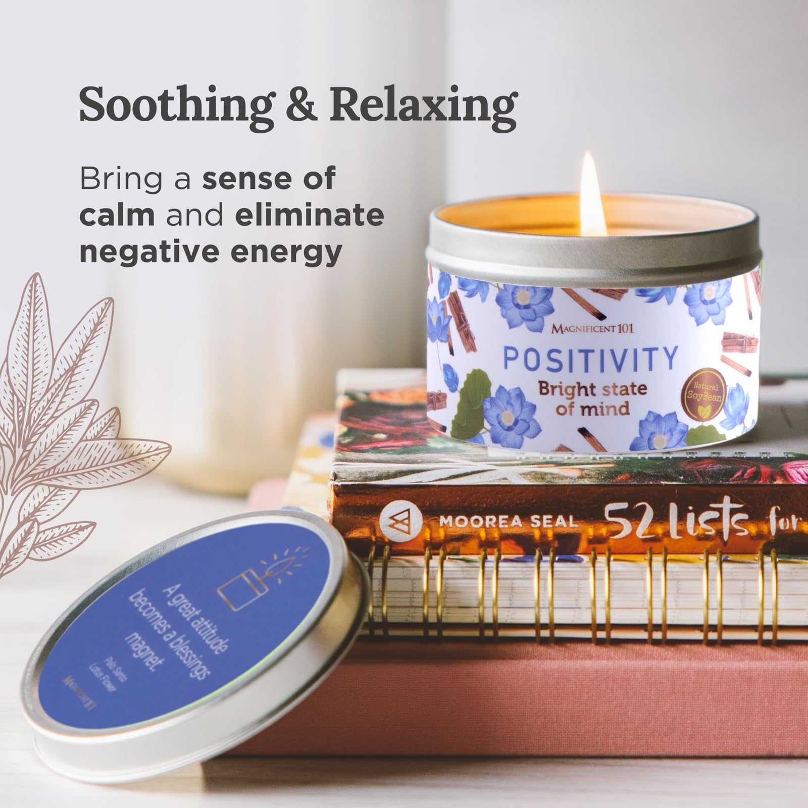 Magnificent 101 Positivity Aromatherapy Candle in 6-oz. Tin Holder: 100% Natural Soy Wax with Palo Santo & Lotus Flower Essentia