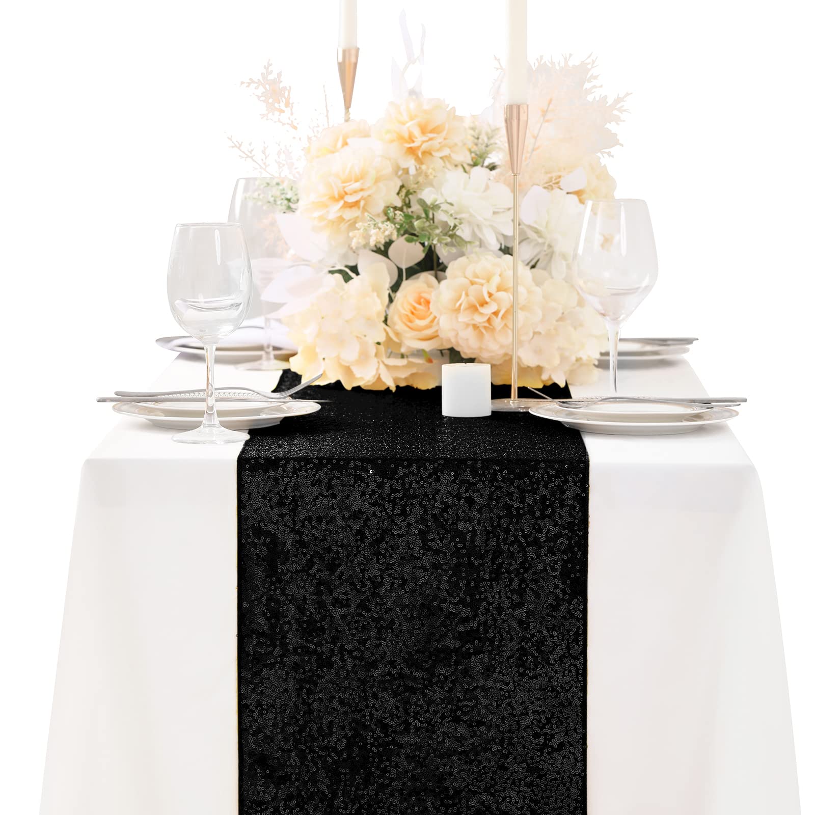 Black Table Runners Sparkly Halloween Table Runner 10 Packs 12X108 Inches Glitter Sequin Fabric For Birthday Party Holiday Suppl