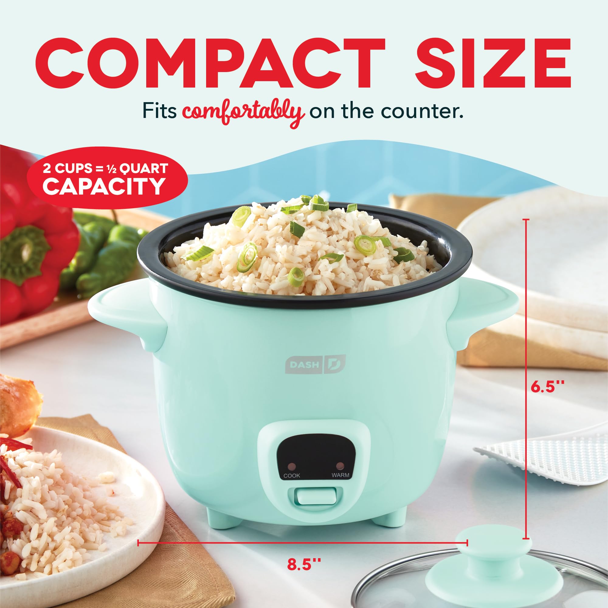 Dash Mini Rice Cooker Steamer With Removable Nonstick Pot, Keep Warm Function & Recipe Guide, .5 Quart, For Soups, Stews, Grains