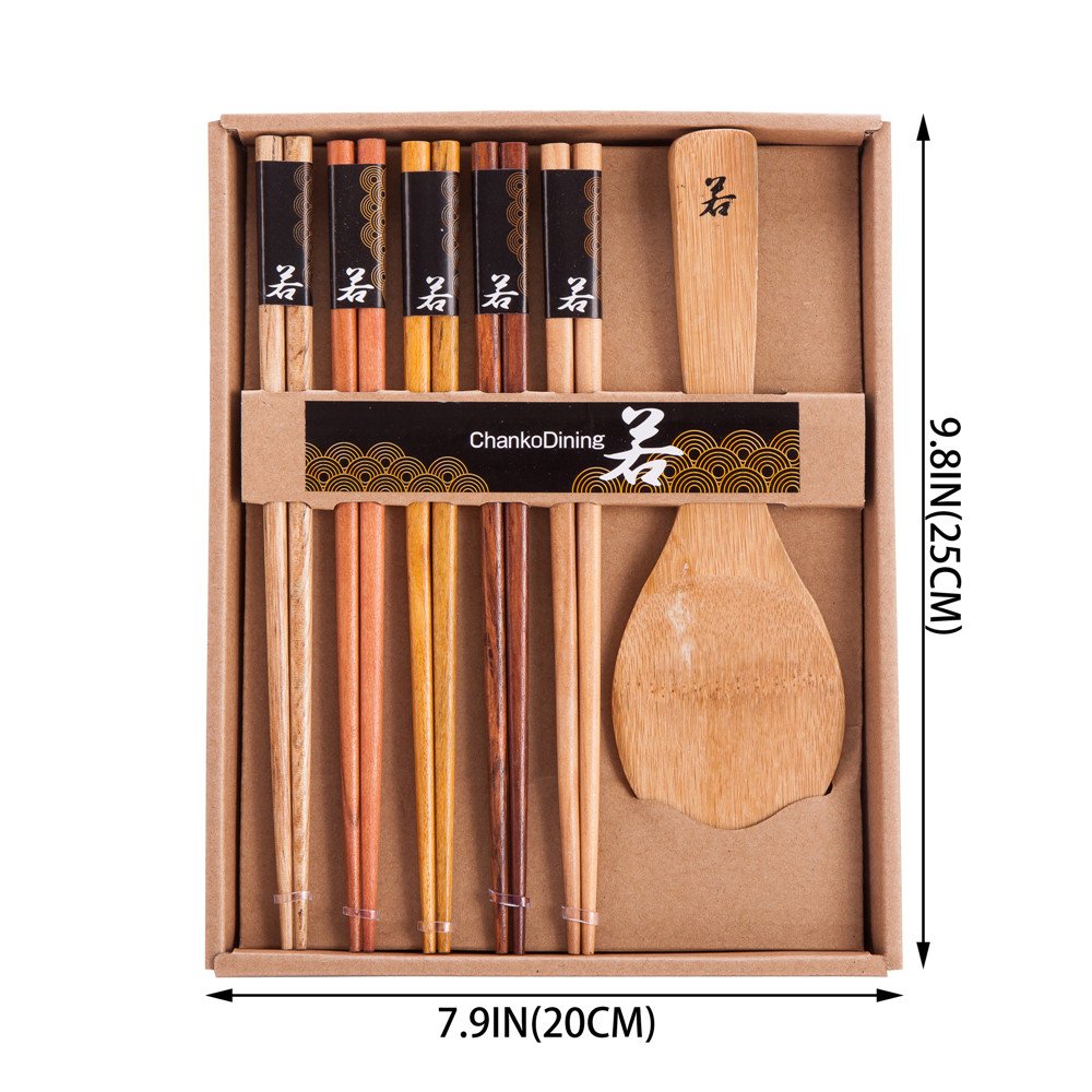 5 Pairs Natural Wood Chopsticks And 1 Moso Bamboo Rice Paddle Gift Set
