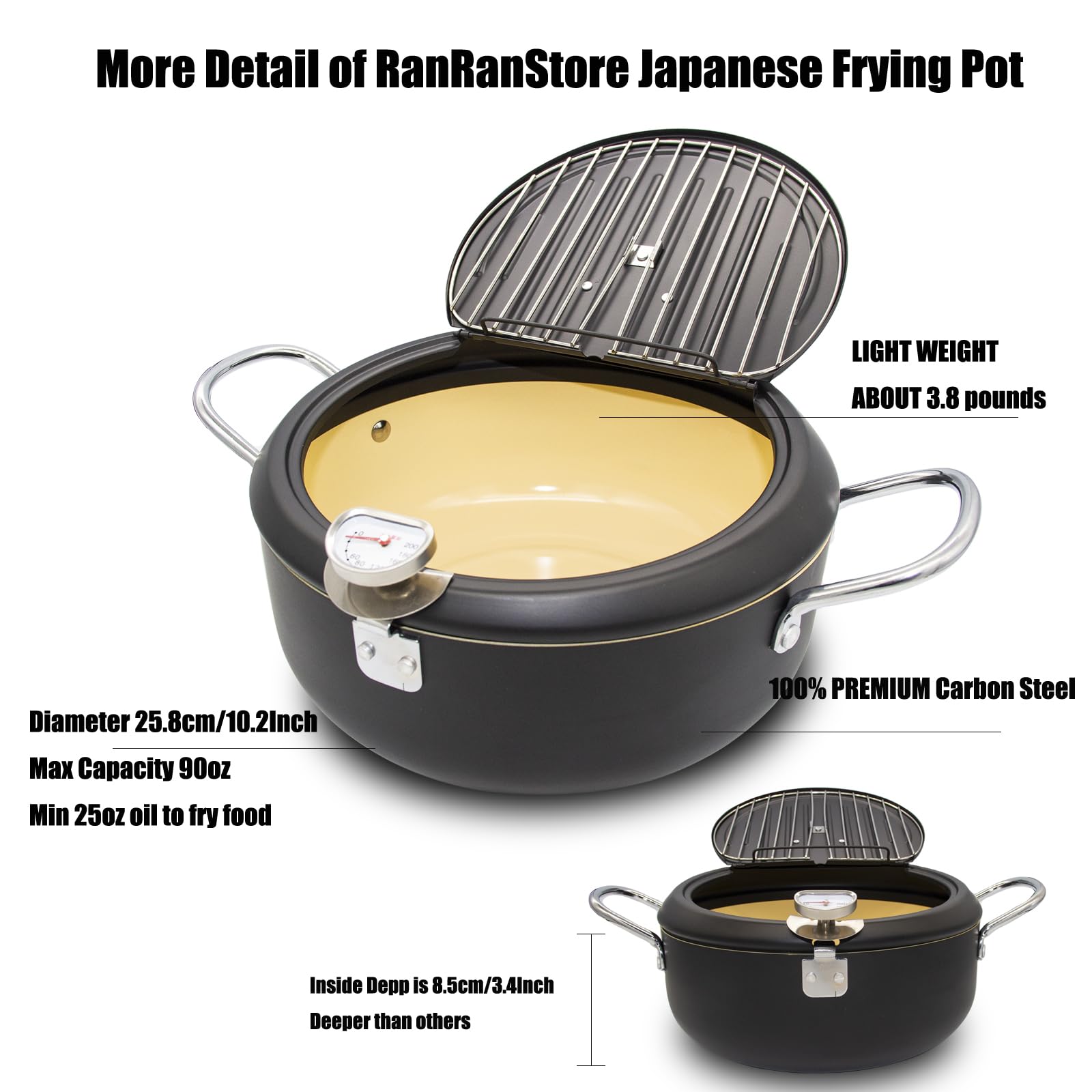 Cyrder Japanese Deep Fryer Pot With Fahrenheit Thermometer 3.5L- Nonstick Coating Fryer, Fried Tempura/Chicken/Fish/Shrimp/Meat