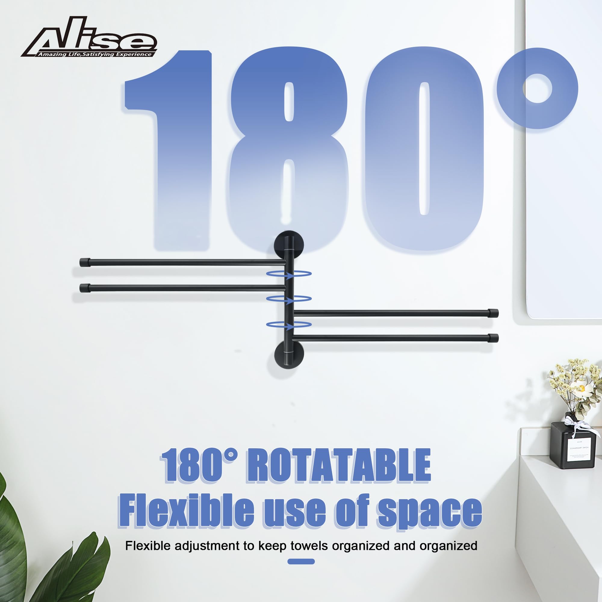 Alise Swivel Towel Rack Folding 4 Arms Hand Towel Bars Towel Hanger for Bathroom Wall Mount Drying Racks for Laundry SUS304 Stainless Steel Swing Out Towel Holder Storage Space Saving Matte Black