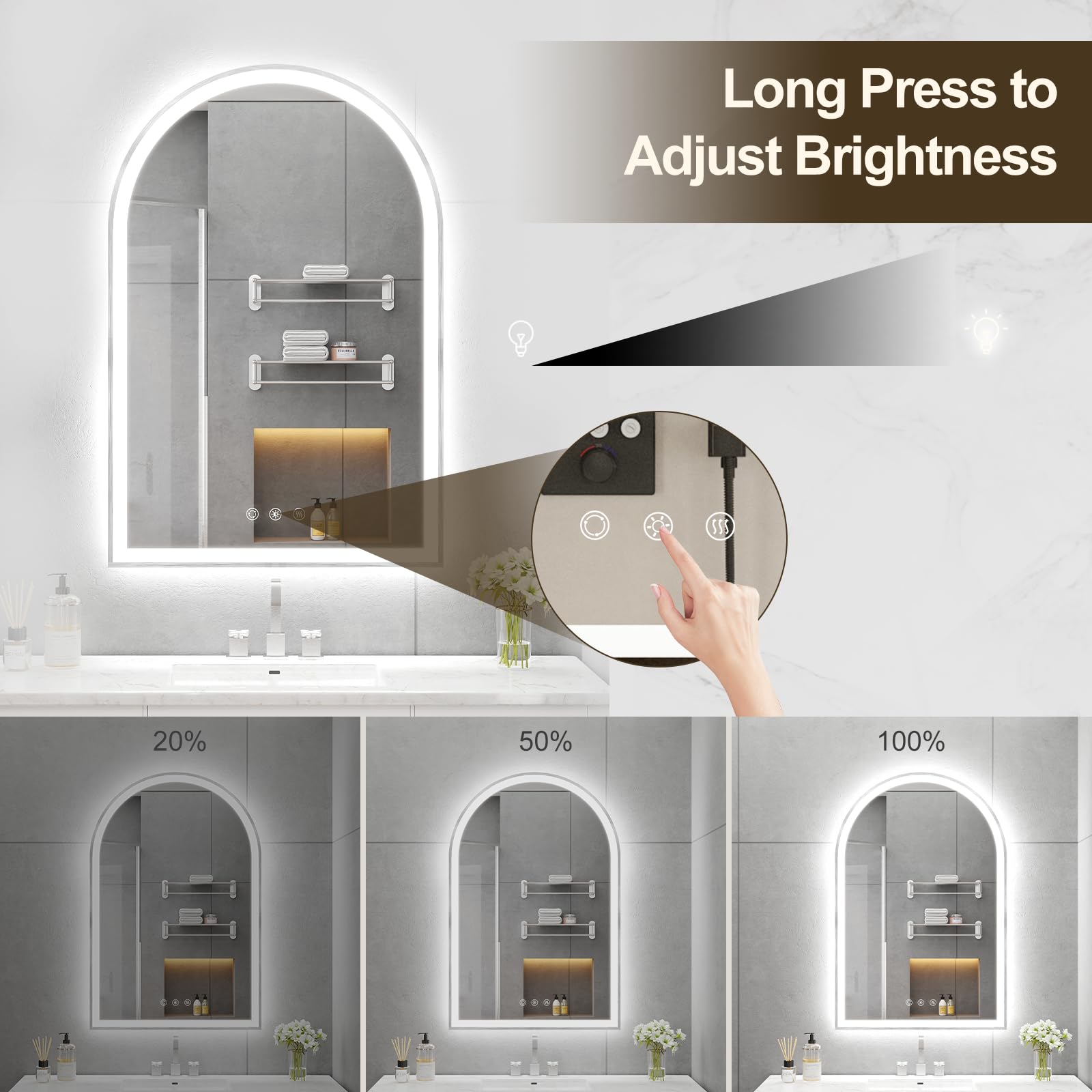 Oumusu Arched Led Bathroom Mirror 20''X30'' With Front And Backlight, Brushed Nickel Bathroom Mirror With Lights-Anti-Fog, Dimma
