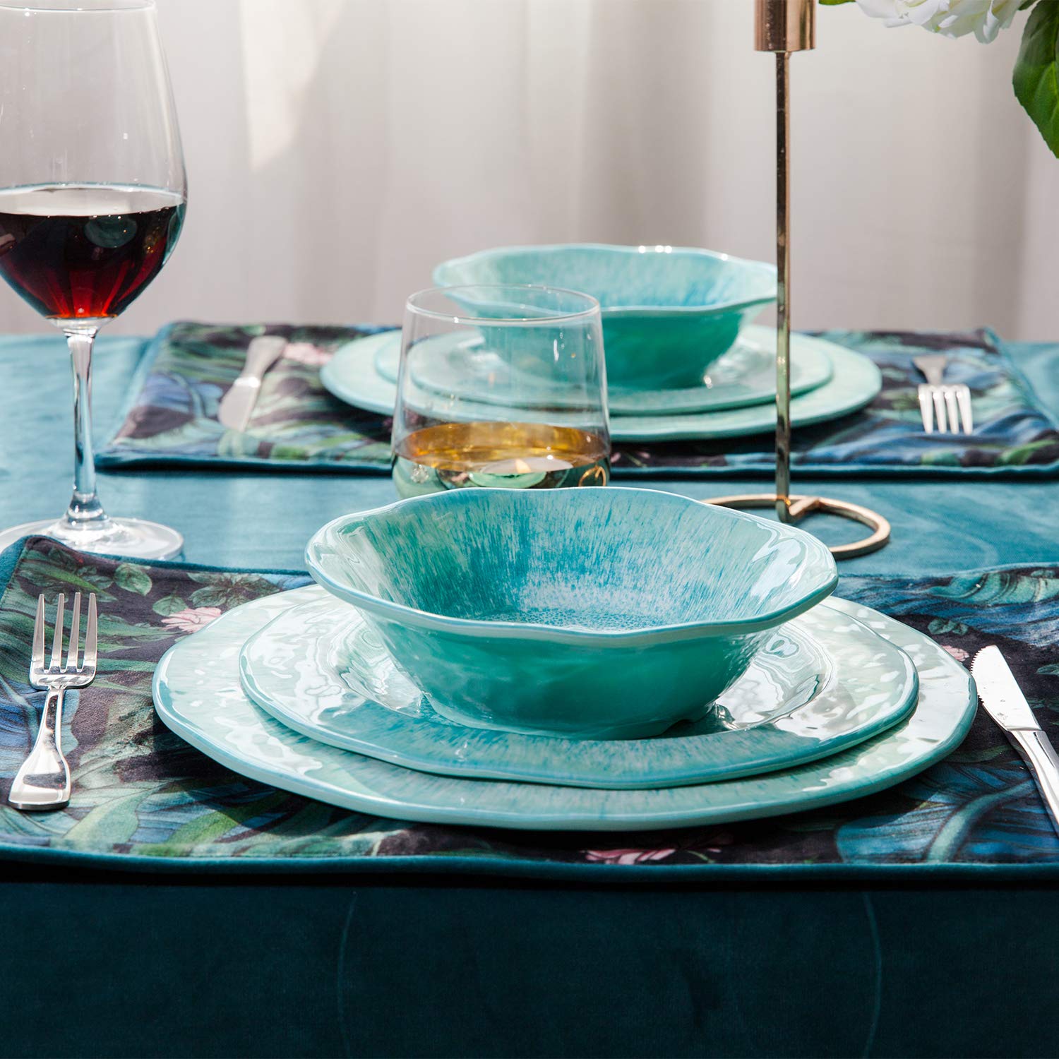 12 Pcs Melamine Dinnerware Sets, Durable Dishware Melamine Dinner Plates for Indoor and Outdoor, Aqua Plates and Bowls Sets, Dis