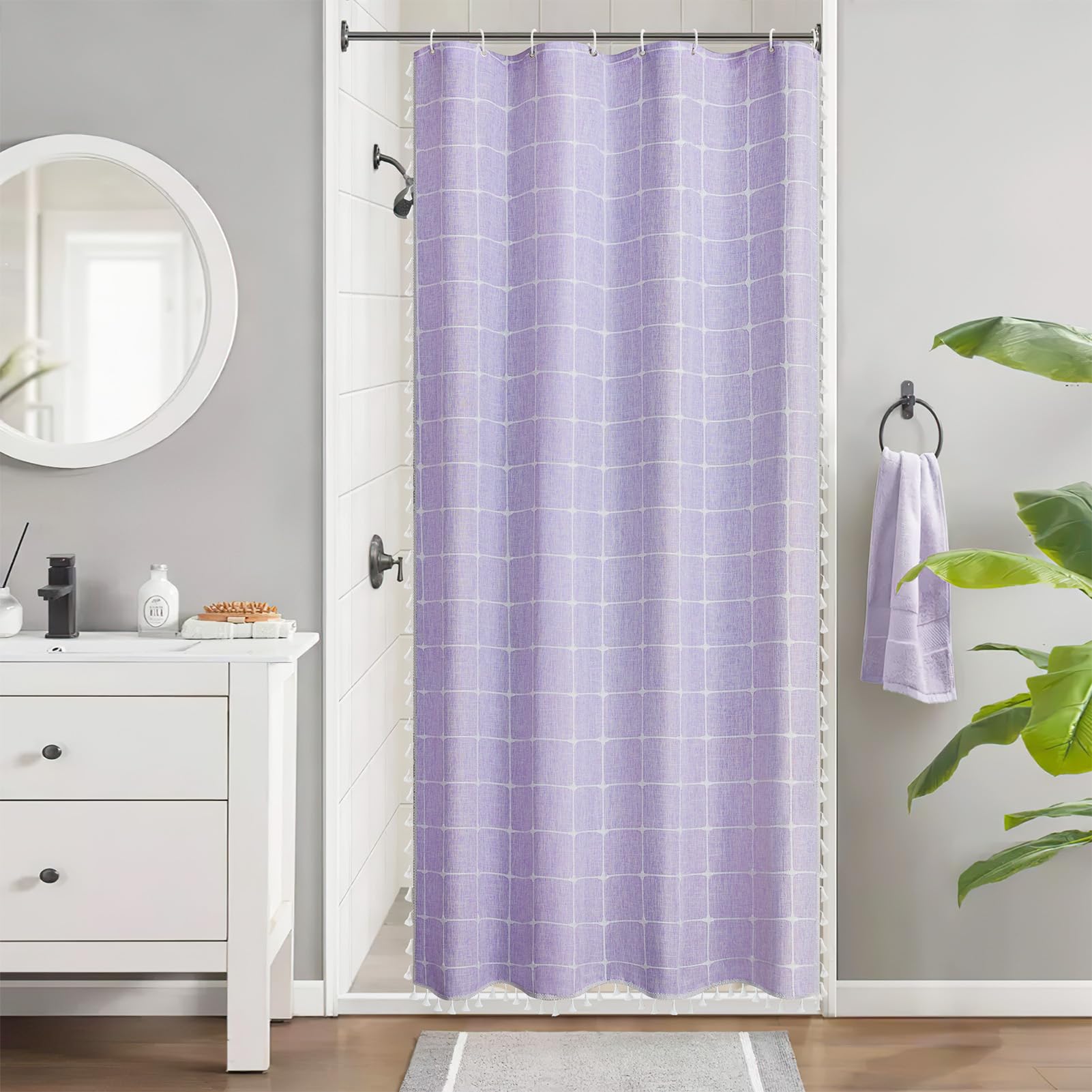 Boho Stall Fabric 48 Inch Narrow Shower Curtain, Farmhouse Linen Textured Weighted Thick Fabric Shower Curtains For Bathroom, Mo