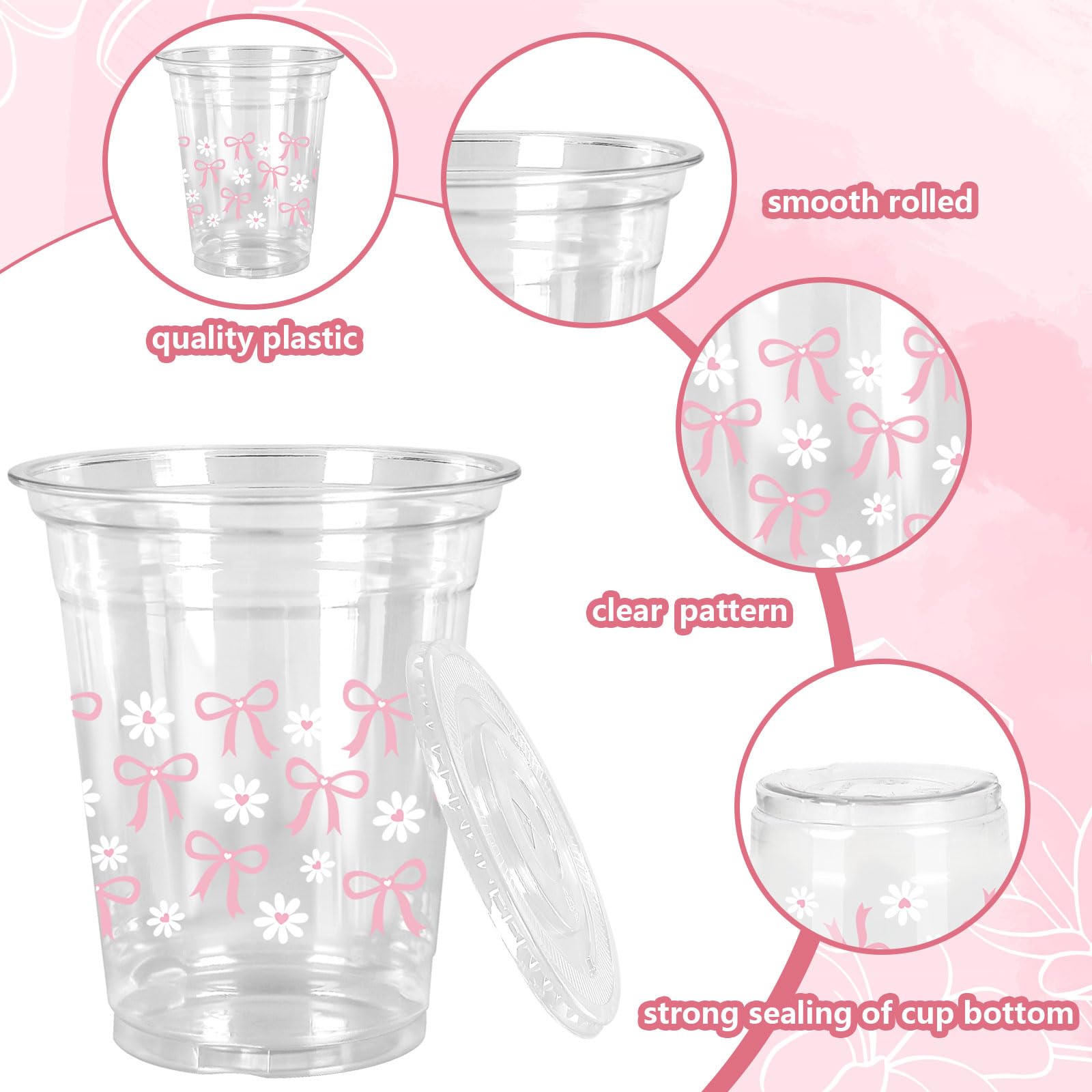 Jarthenaamcs 50 Pcs Pink Bow Plastic Cups With Lids And Straws Pink Bow Daisy Clear Plastic Cups 12 Oz Disposable Cups For Valen
